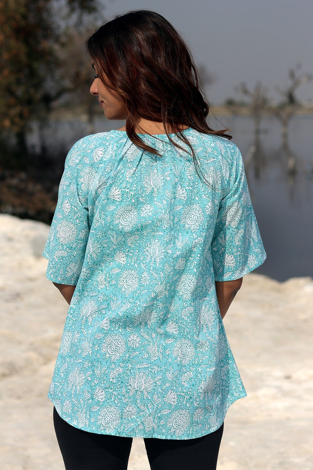 Radiate Sunshine SootiSyahi Block Printed Cotton Top - Stylish & Comfortable Women's Casual Wear for Summer Outings & Beach Vacations