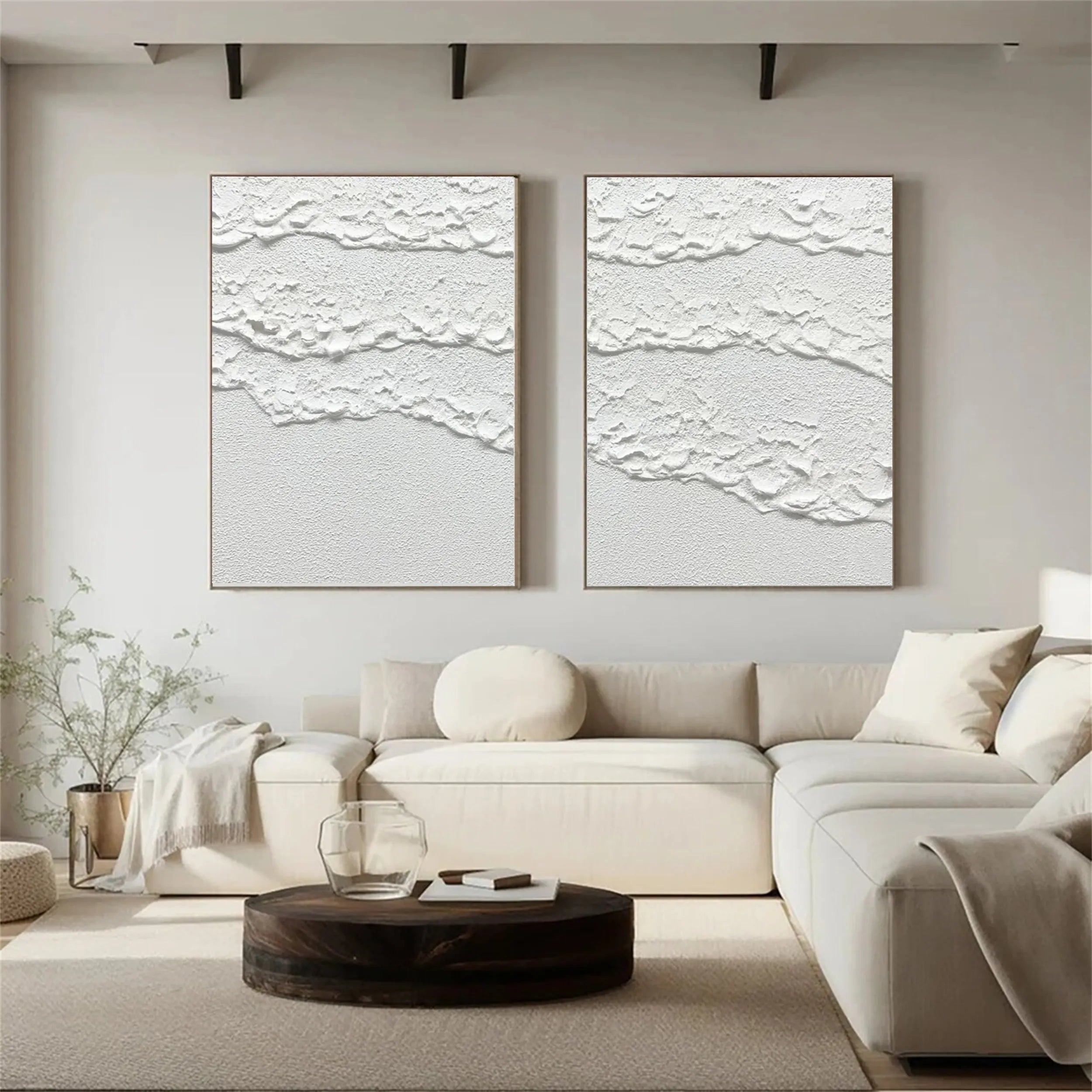 Modern White Minimalist Textured Wall Art - Set of 2 Abstract Canvas Paintings for Living Room & Bedroom Decor | MM181