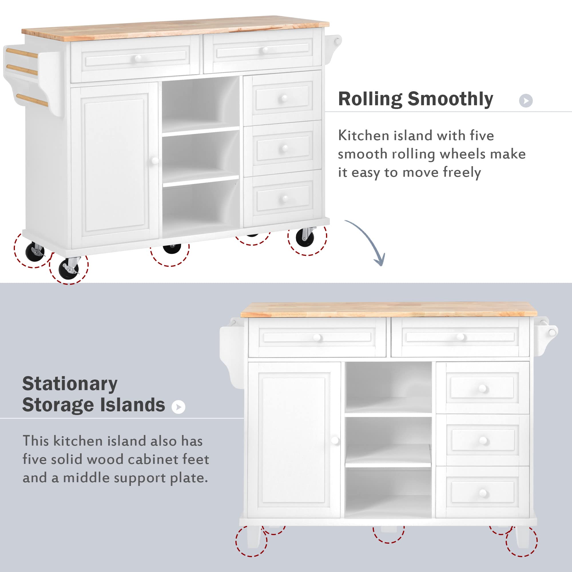 White Kitchen Island Cart with Wheels - 5 Drawers & Shelves for Kitchen & Living Room Storage