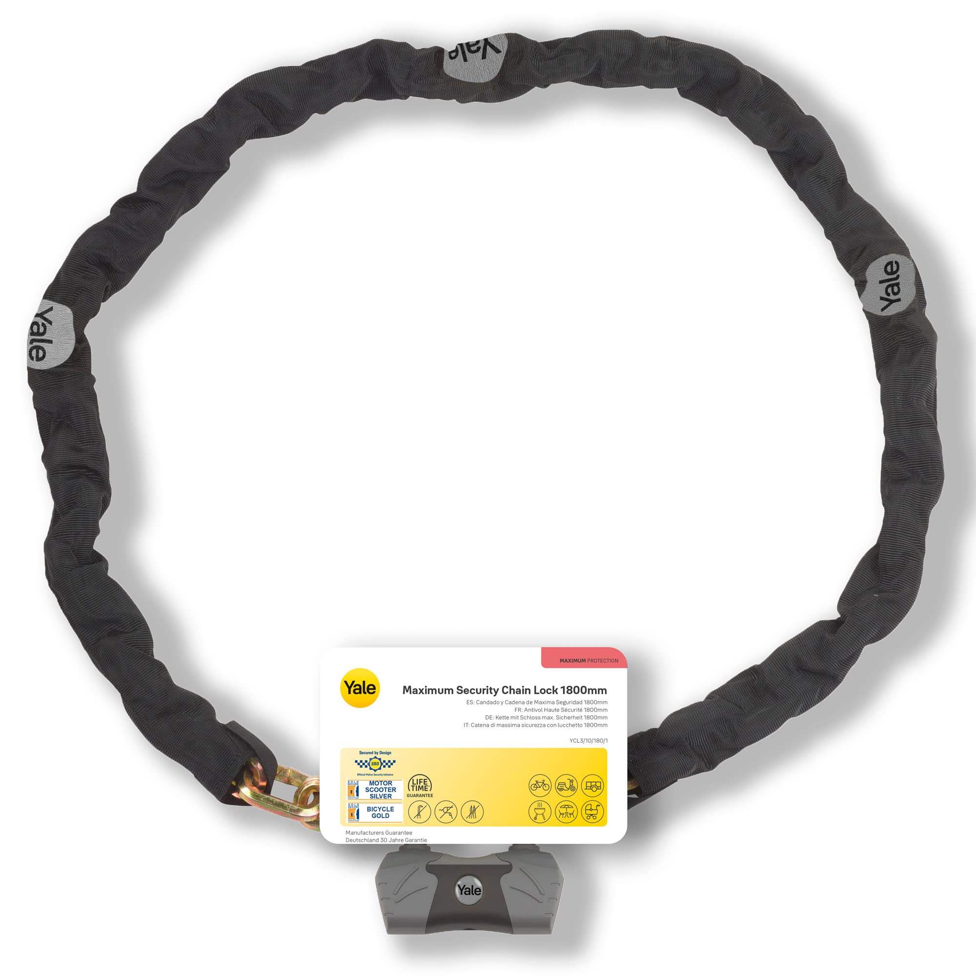Yale YCL3/10/180/1 Maximum Security Bike Chain Lock 1800mm - Heavy Duty Bicycle Protection with 4 Keys (Includes 1 Micro-Light Key) - Perfect for Urban Commuting, Bike Parking & Outdoor Cycling Security