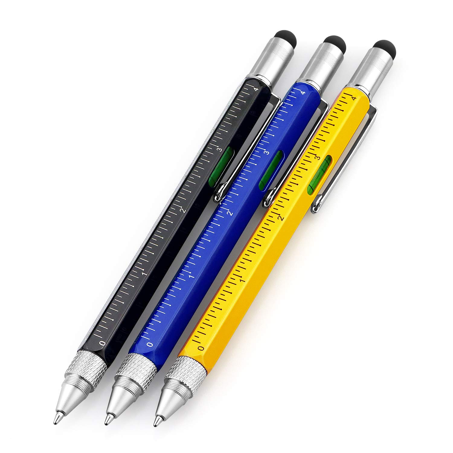 6-in-1 Multitool Tech Pen with Screwdriver, Ruler, Level Gauge & Ballpoint Refills - Premium Gift Set for Men (3 Pack: Black, Blue, Yellow) - Perfect for Office, DIY Projects & Everyday Carry