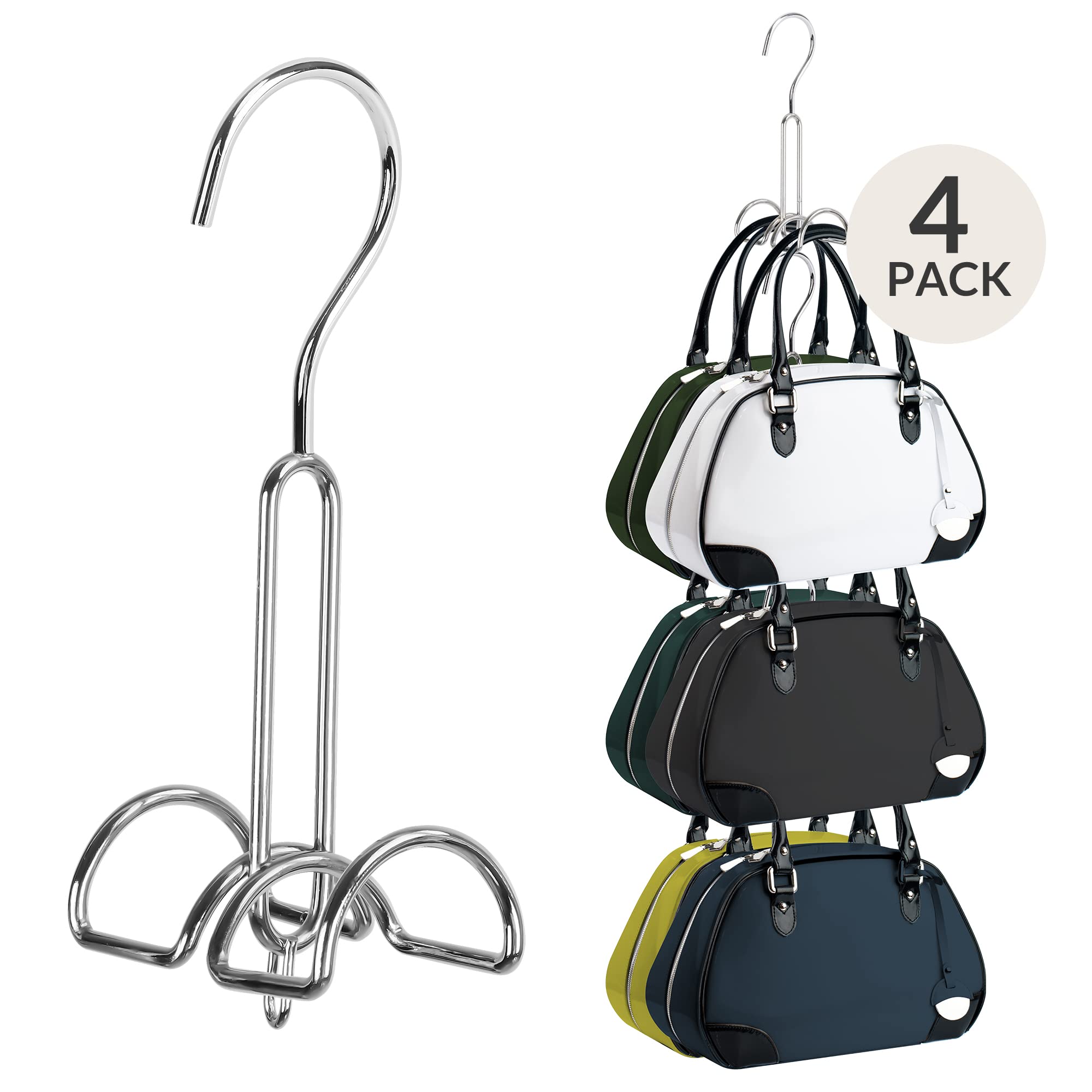 ZEDODIER 4-Pack Stackable Metal Purse Hangers for Closet - Space Saving Bag Organizer Hooks for Purses & Handbags (Silver) | Perfect for Closet, Bedroom, Dorm & Office Organization