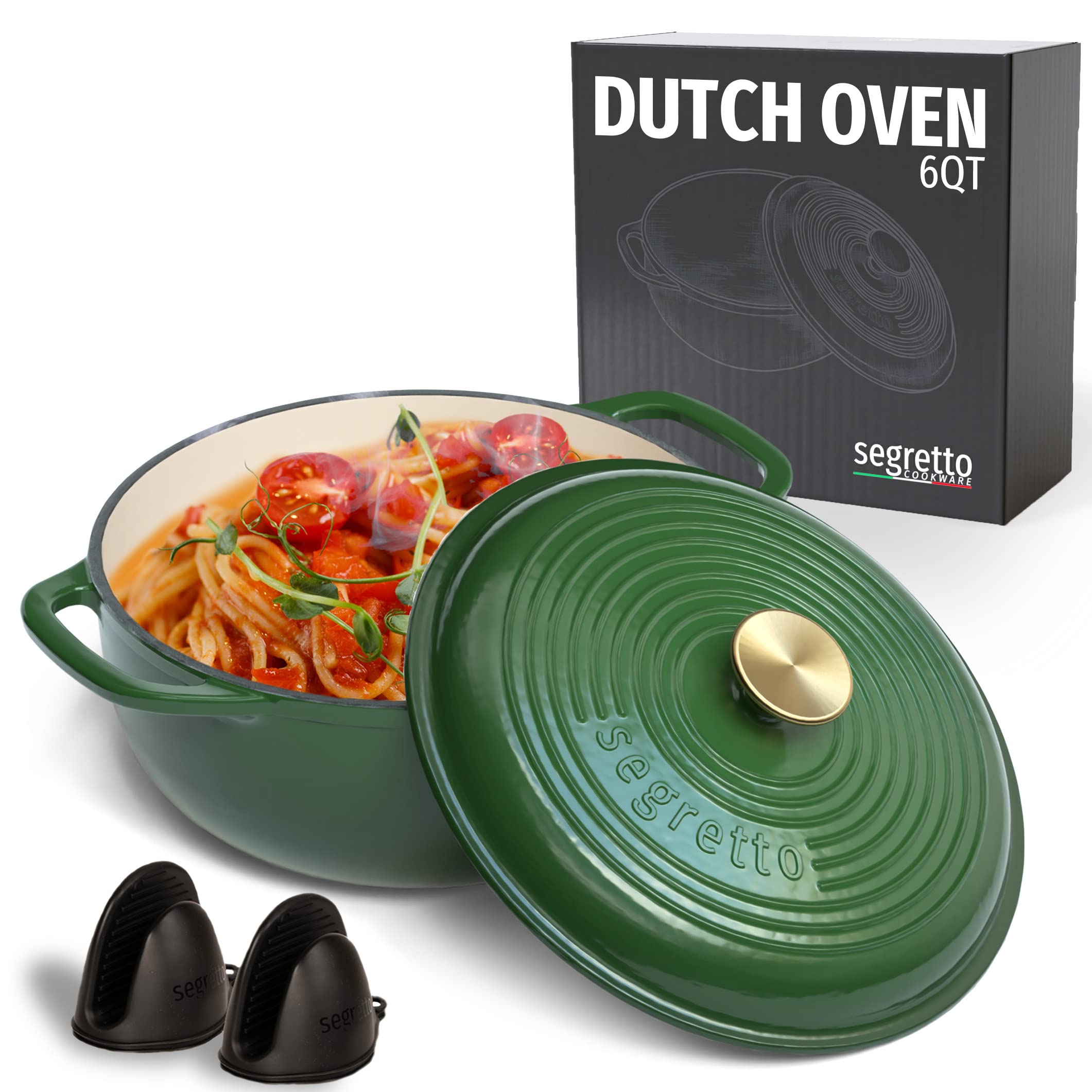 Segretto 6 Quart Enameled Cast Iron Dutch Oven with Lid - Verde Foresta (Dark Green) - Oven & Stovetop Safe Cast Iron Cookware for Bread Baking, Soups, Stews & Braising - Perfect for Home Chefs & Camping Trips