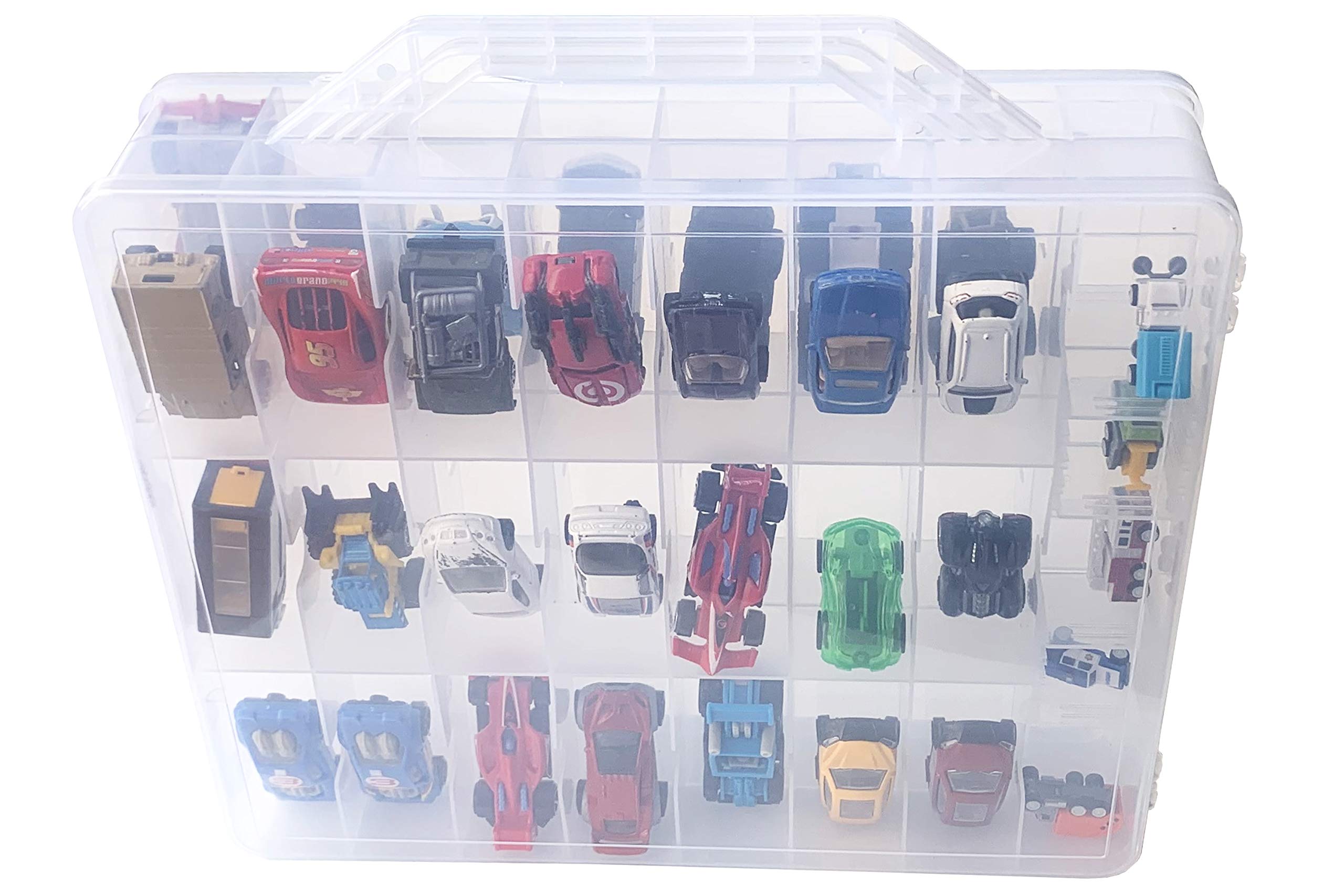 BPA-Free Double Sided Toy Storage Container with 48 Compartments - Compatible with Mini Toys, Small Dolls, Hot Wheels & Crafts - Portable Organizer Case for Kids Toys, Dolls & Collectibles - Perfect for Playrooms, Daycare Centers & Travel (Clear)