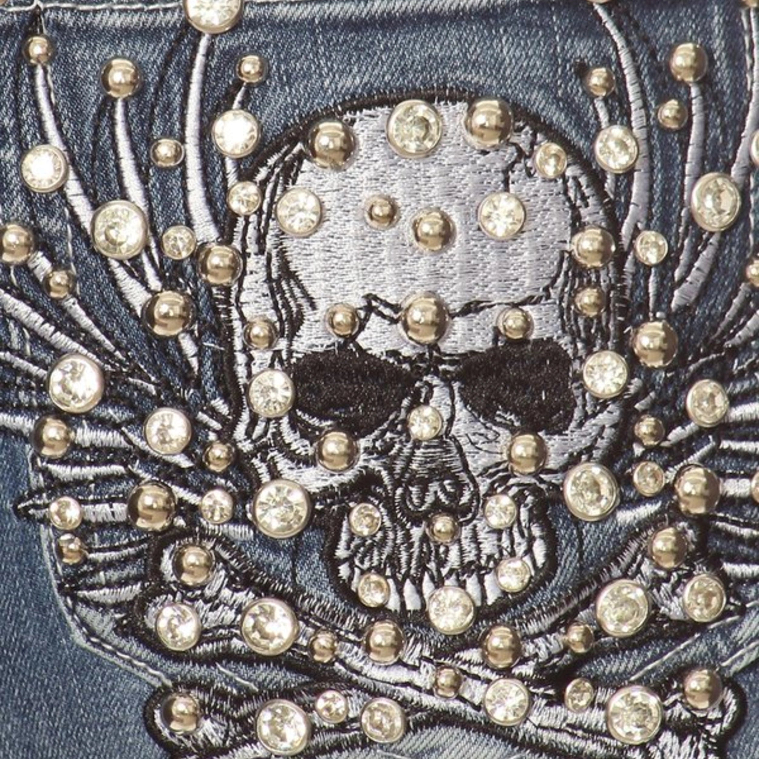 Platinum Plush Women's Rhinestone Skull & Bones Bootcut Jeans - Gothic Fashion Denim Pants for Parties, Concerts & Night Out