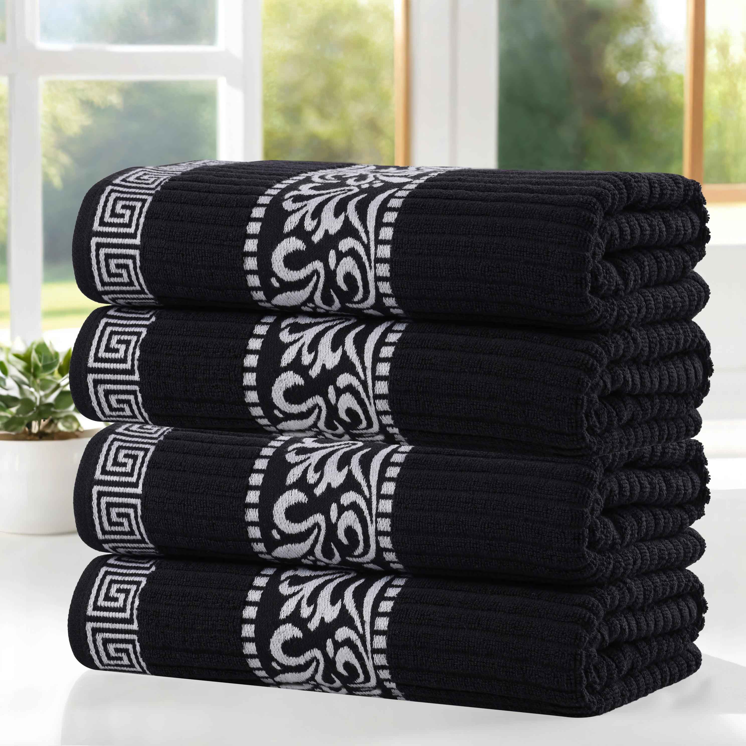 Premium Athens Cotton Greek Scroll & Floral 4-Piece Bath Towel Set - Soft, Absorbent & Quick-Drying for Spa, Bathroom & Beach Use