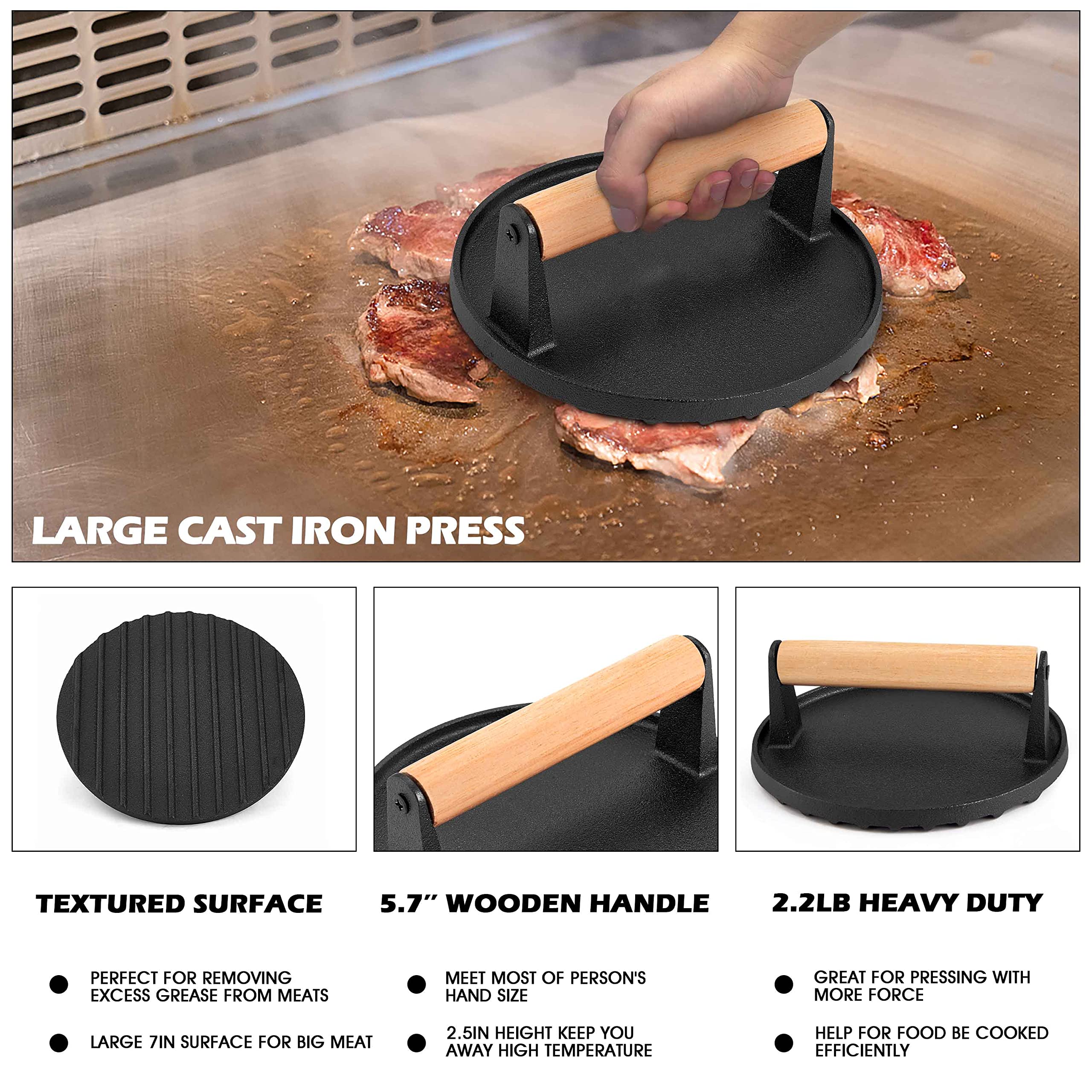 HaSteeL 13 x 9.75 Inch Melting Dome & 7 Inch Burger Press Set - Rectangular Basting Steam Cover with Bacon Press - Heavy Duty Metal Griddle Accessories for Flat Top Grill, Teppanyaki, Hibachi, BBQ - Perfect for Burgers, Melting Cheese & Cooking Bacon - Easy to Clean & Durable