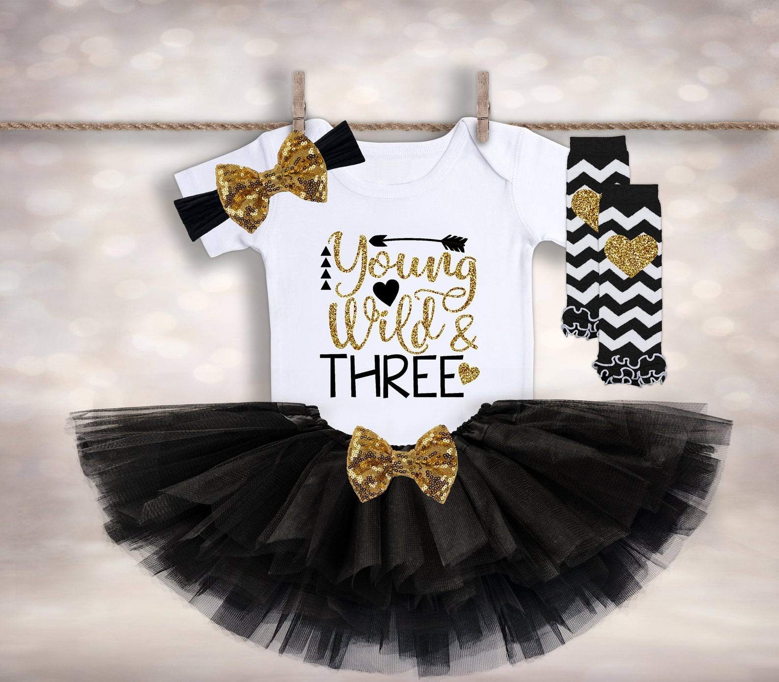 Baby Girl's 3rd Birthday Outfit - Young Wild & Three Shirt with Tutu Dress Set | Cute Toddler Birthday Party Dress & Tutu Skirt for Photo Shoots & Celebrations