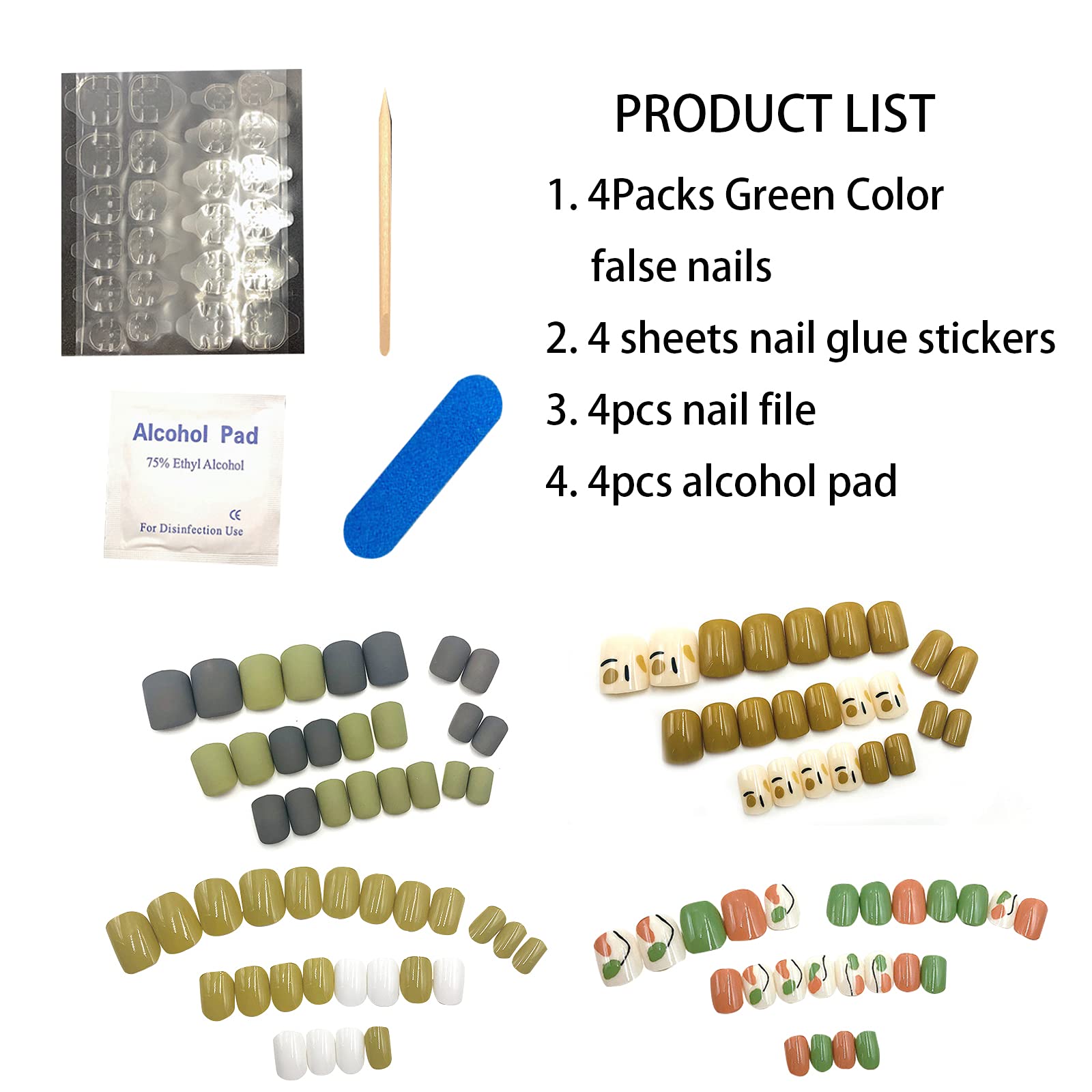 96 Pcs Short Square Press On Nails - 4 Pack Acrylic Fake Nails Kit with Glue & Nail File - Full Cover Artificial Nails for Women & Girls (Green) - Perfect for Parties, Weddings & Daily Wear