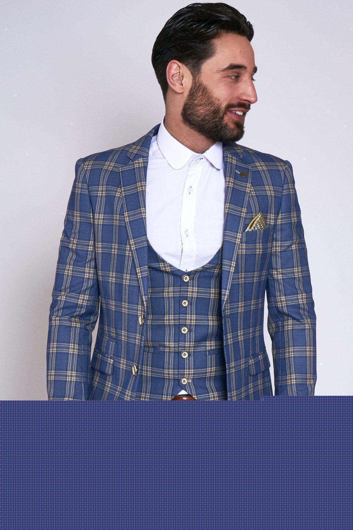 TONY Blue & Yellow Checkered Blazer for Men - Stylish Casual & Office Wear - Perfect for Business Meetings, Weddings & Formal Events