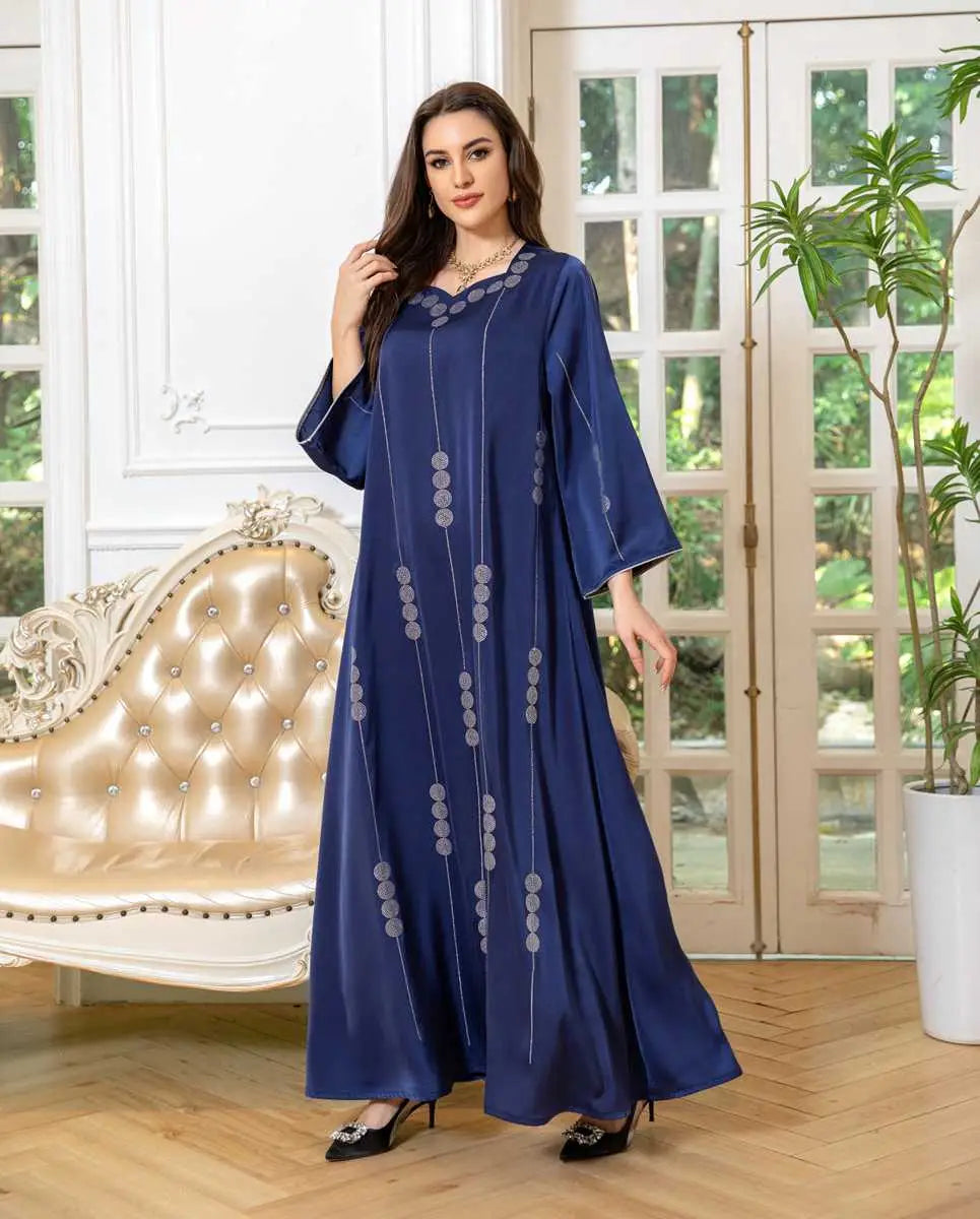 Elegant Hotfix Rhinestone Satin Jalabiya Caftan Dress for Women - Perfect for Eid Celebrations, Weddings & Special Occasions