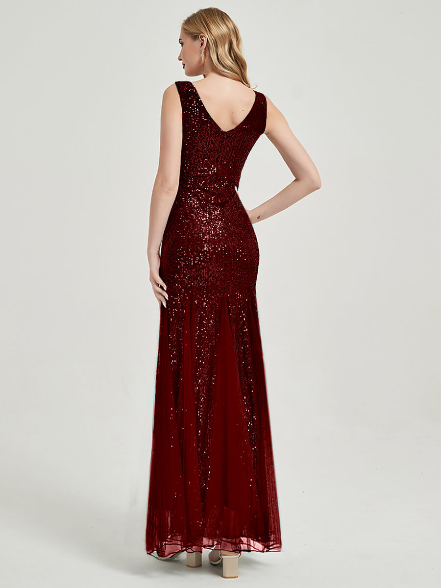 Burgundy Sequin Tulle V-Neck Sleeveless Mermaid Maxi Evening Dress for Prom, Wedding, Gala & Formal Events - Elegant Long Party Gown for Women