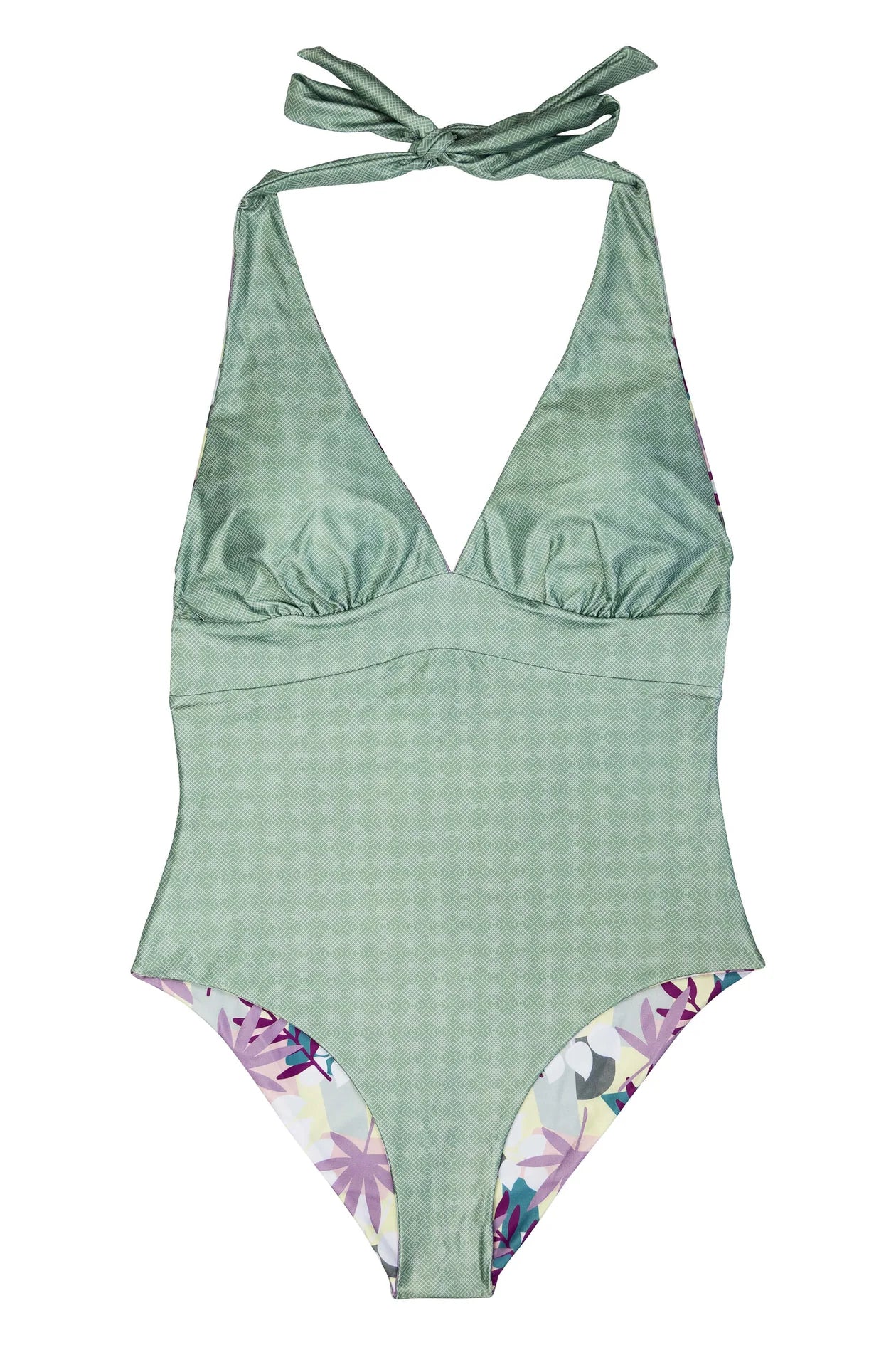 Almeria Halter One Piece Swimsuit - Reversible Bikini Top & Bottom - Jardin Floral & Diamonds Green Print - Perfect for Beach, Pool, and Summer Vacations