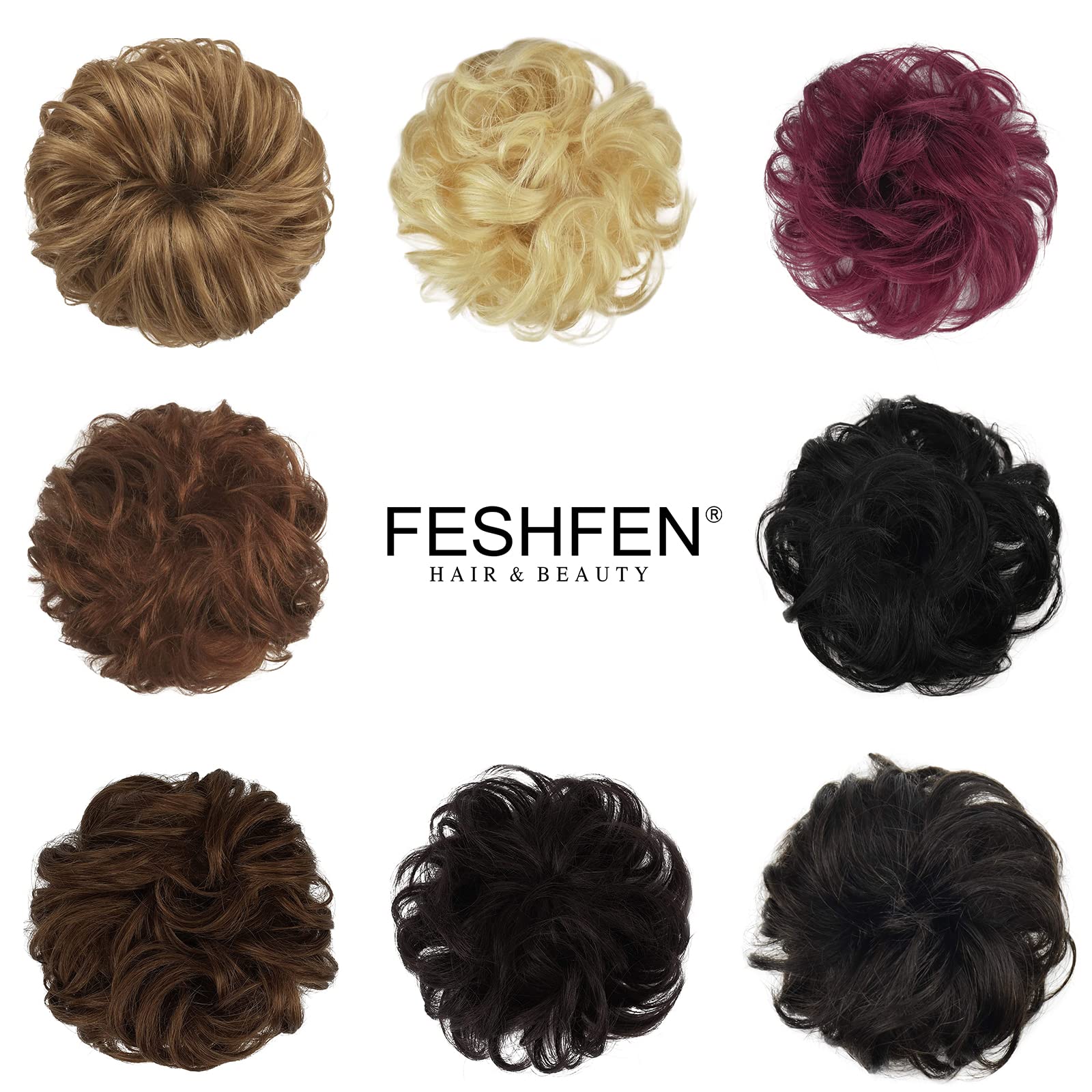 FESHFEN 100% Human Hair Messy Bun - Real Hair Scrunchies, Ponytail Extensions, Wavy Tousled Updo Chignon Hairpieces for Women (Medium Chestnut Brown) - Perfect for Weddings, Parties & Everyday Styling