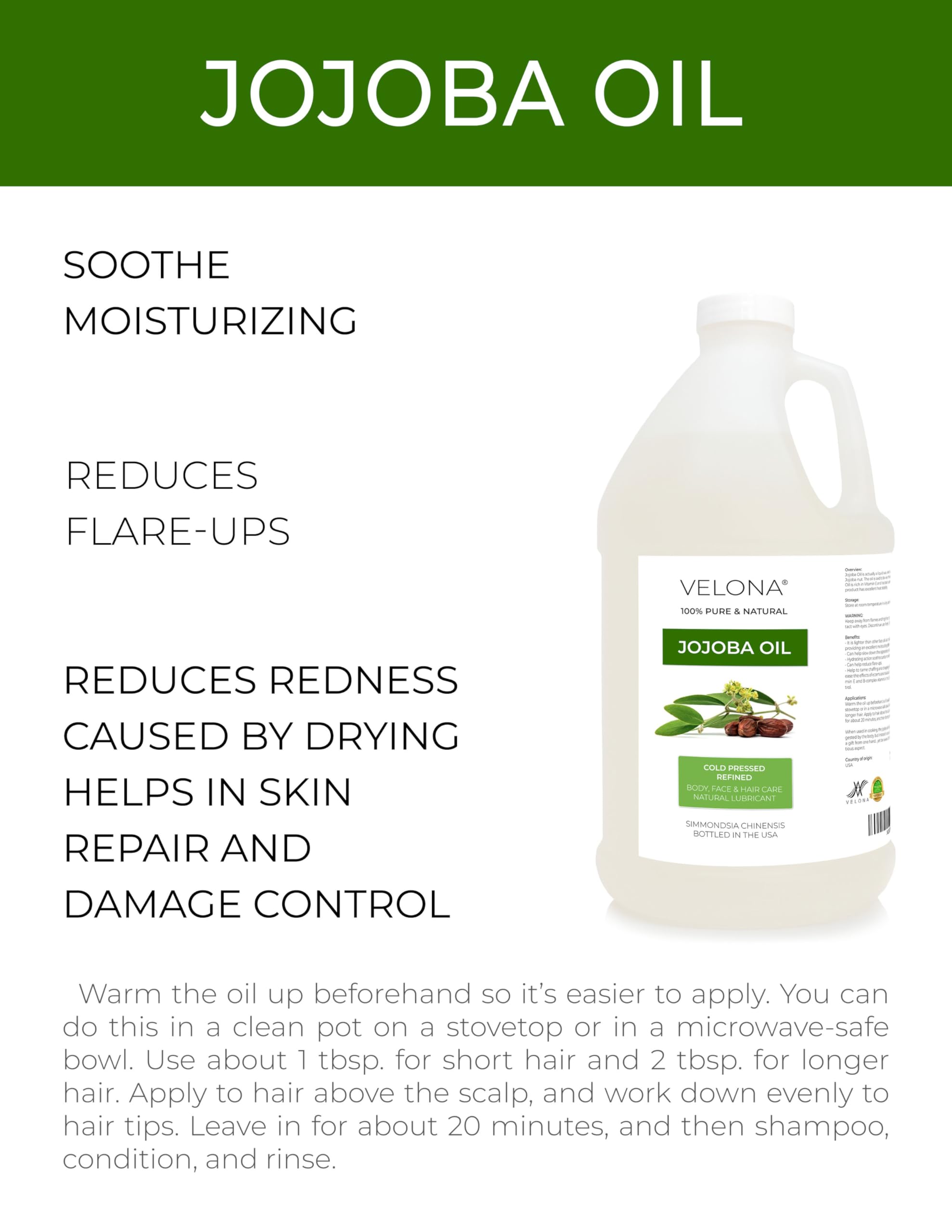 Velona 100% Pure Natural Jojoba Oil 64 fl oz - Cold Pressed, Refined Carrier Oil for Moisturizing Face, Hair, Body & Skin Care | Hydrating & Nourishing Solution for Dry Skin, Hair Growth & DIY Beauty Recipes | Perfect for Massage, Aromatherapy & Daily Skincare Routine