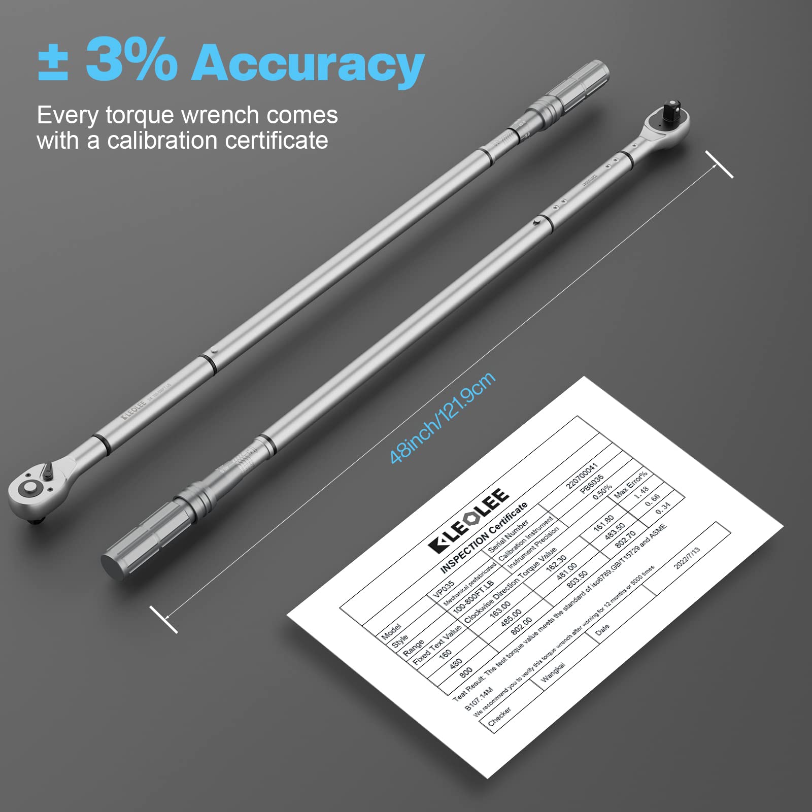 Leolee 3/4 Inch Drive Torque Wrench (100-800 ft-lbs/135-1084 Nm) - 47.24 Inch Adjustable Wrench with ±3% Accuracy & LH/RH Thread - Professional Automotive Repair Tool for Cars, Trucks, Tires & Mechanical Maintenance - Ideal for DIY Mechanics & Professional Technicians