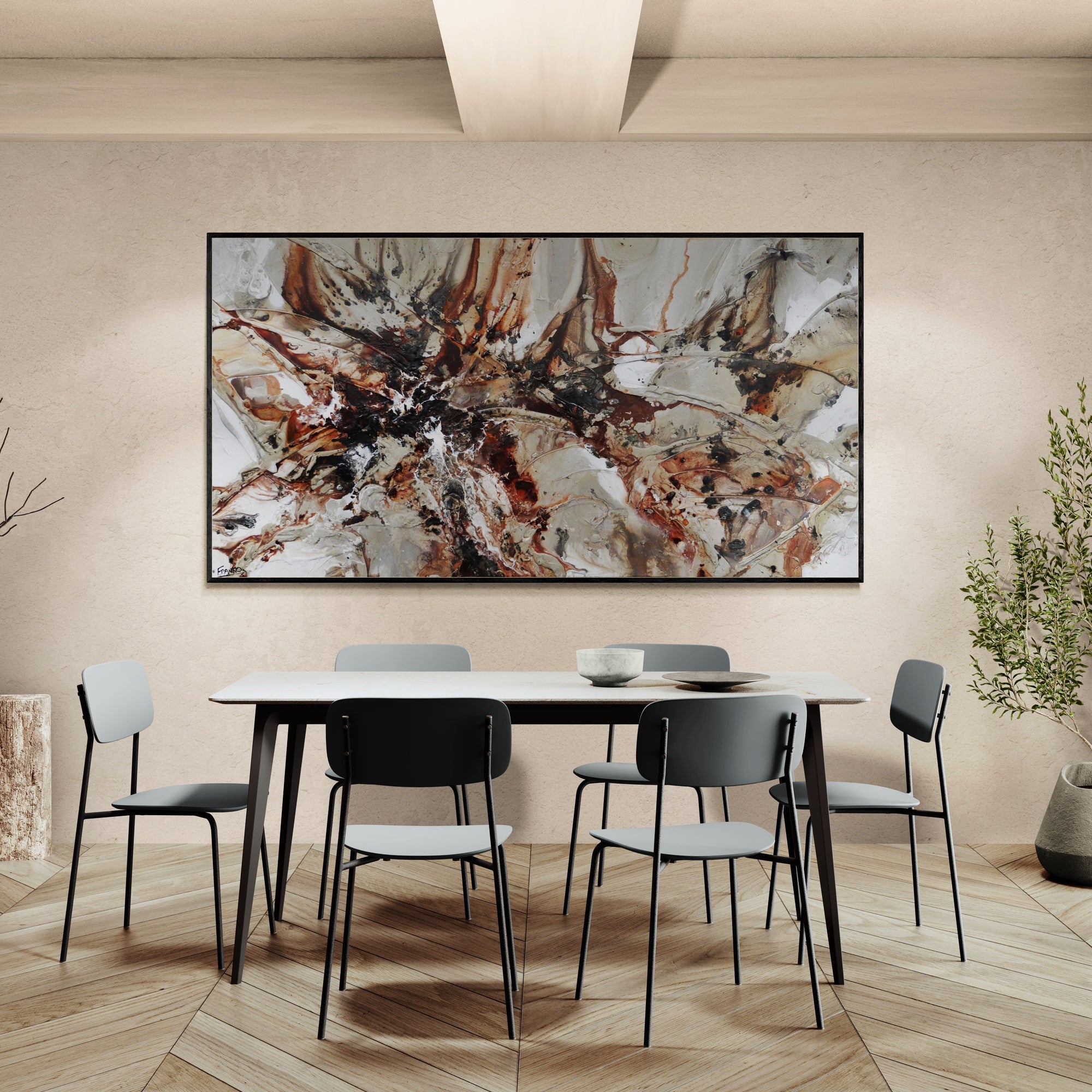 190cm x 100cm Abstract Textured Painting in Umber Brown, Grey, Bone Black & White - Modern Wall Art for Living Room, Bedroom or Office Decor
