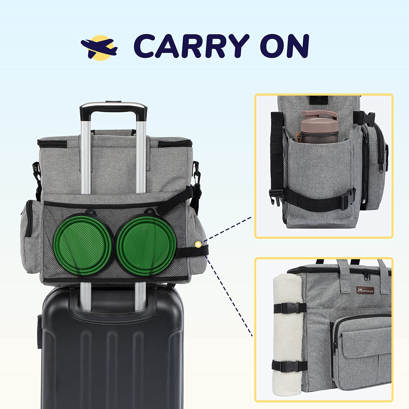 Modoker Airline Approved Dog Travel Organizer Bag with 2 Collapsible Bowls & Food Containers - Pet Carrier for Supplies & Accessories - Perfect for Air Travel, Road Trips & Outdoor Adventures