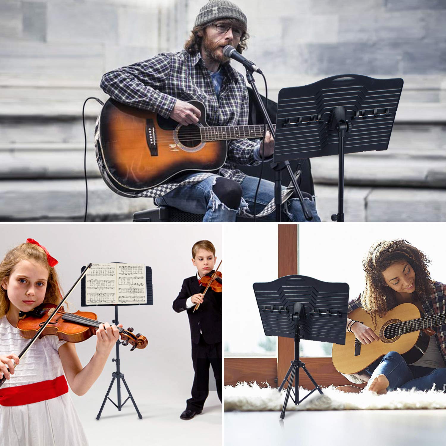 Premium Klvied Portable Folding Music Stand with Violin Hanger - Lightweight Black Sheet Music Stand with Carrying Bag | Perfect for Violin Practice, Orchestra Rehearsals & Home Music Studios