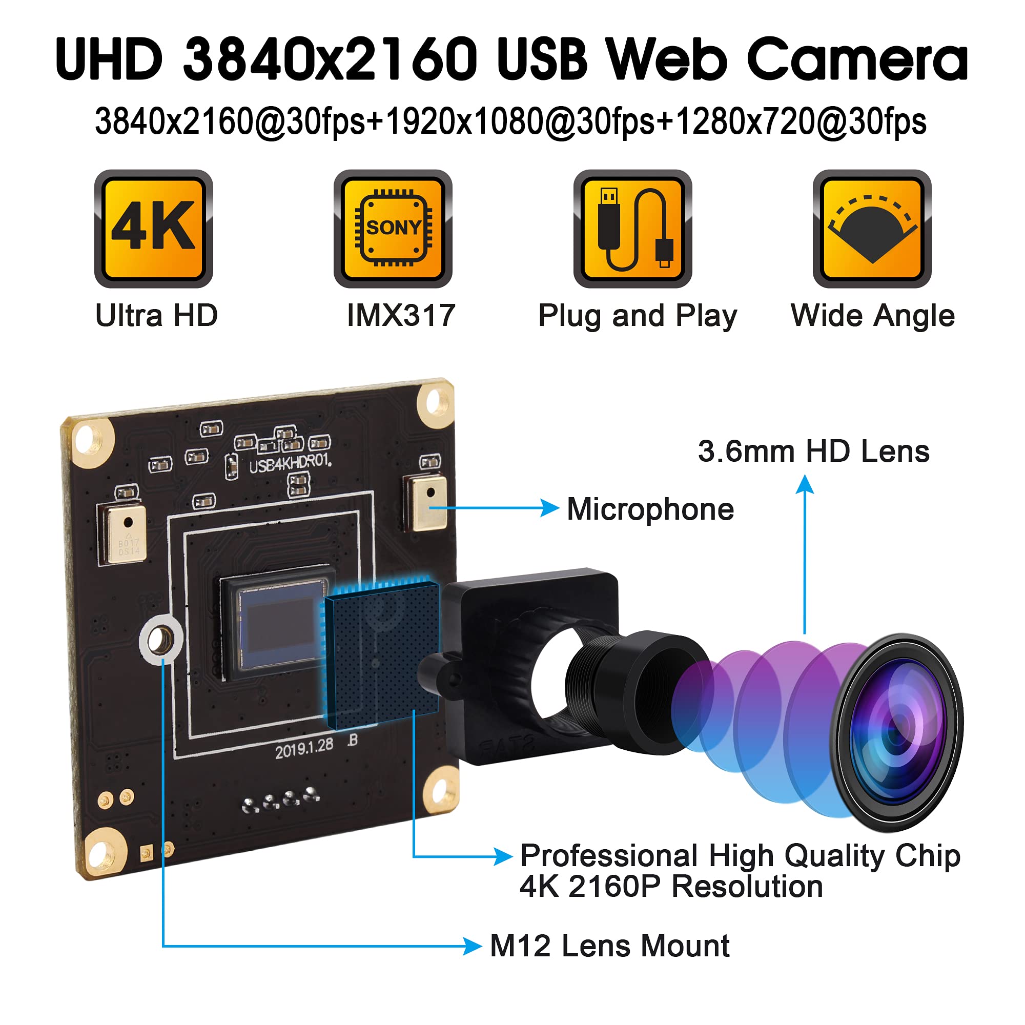 ELP 4K USB Webcam with Dual Microphones - 2160P Ultra HD Computer Camera for PC/Laptop, Plug & Play for Windows/Mac/Linux - Perfect for Video Conferencing, Online Classes, Live Streaming & Security Monitoring
