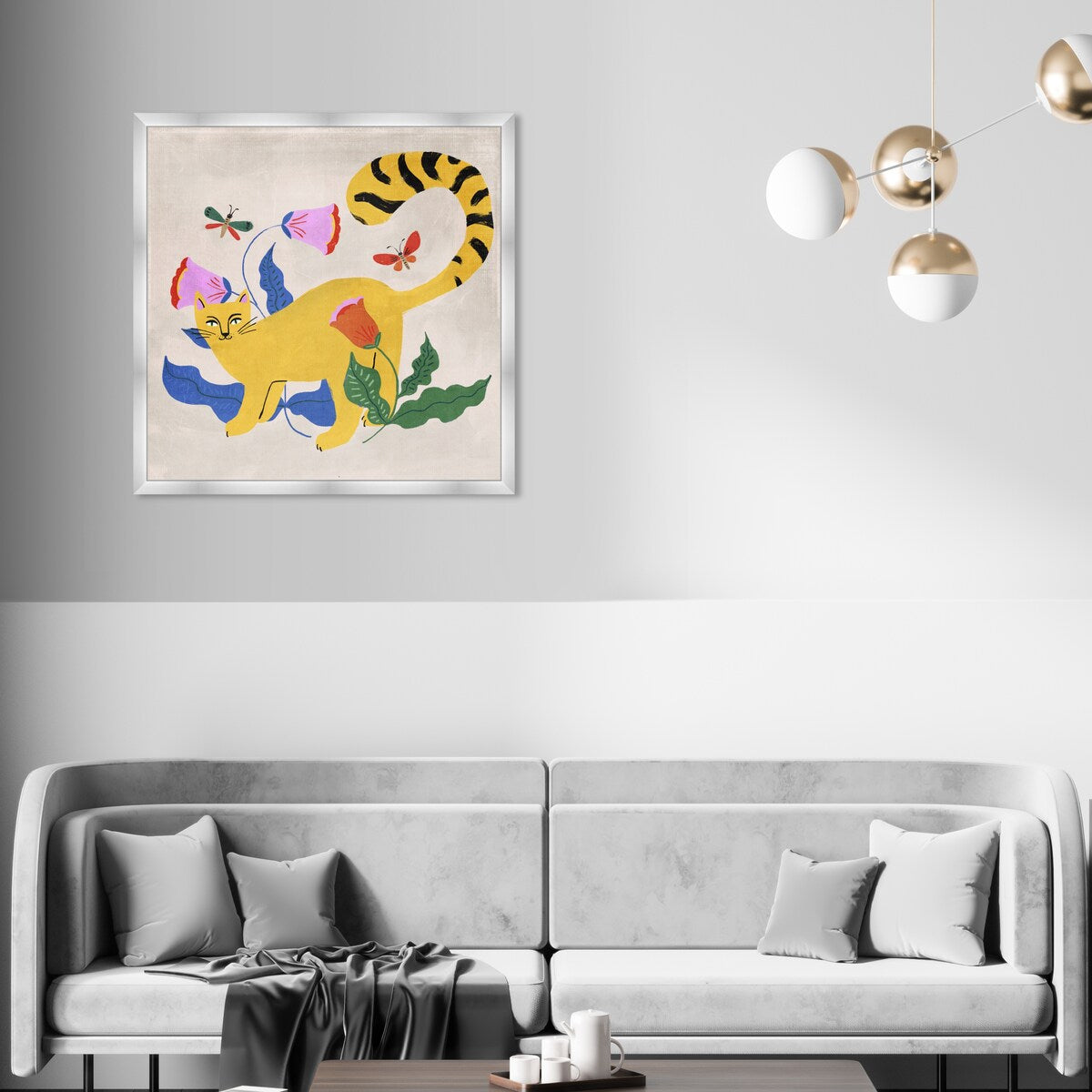 Blonde Tabby Floral Kitten Butterfly Garden Modern Yellow Framed Wall Art Print - Perfect for Bedroom, Nursery & Home Decor