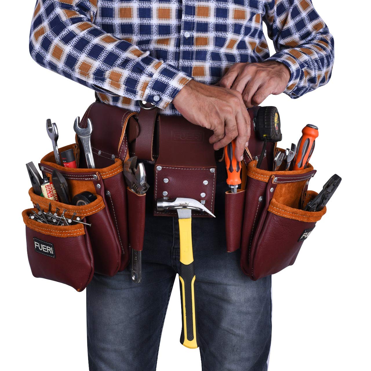 FUERI Heavy Duty Leather Tool Belt Bag for Men & Women - 17 Pocket Carpenter Electrician Construction Pouch Organizer | Durable Work Belt Holder for DIY, Home Renovation & Professional Job Sites