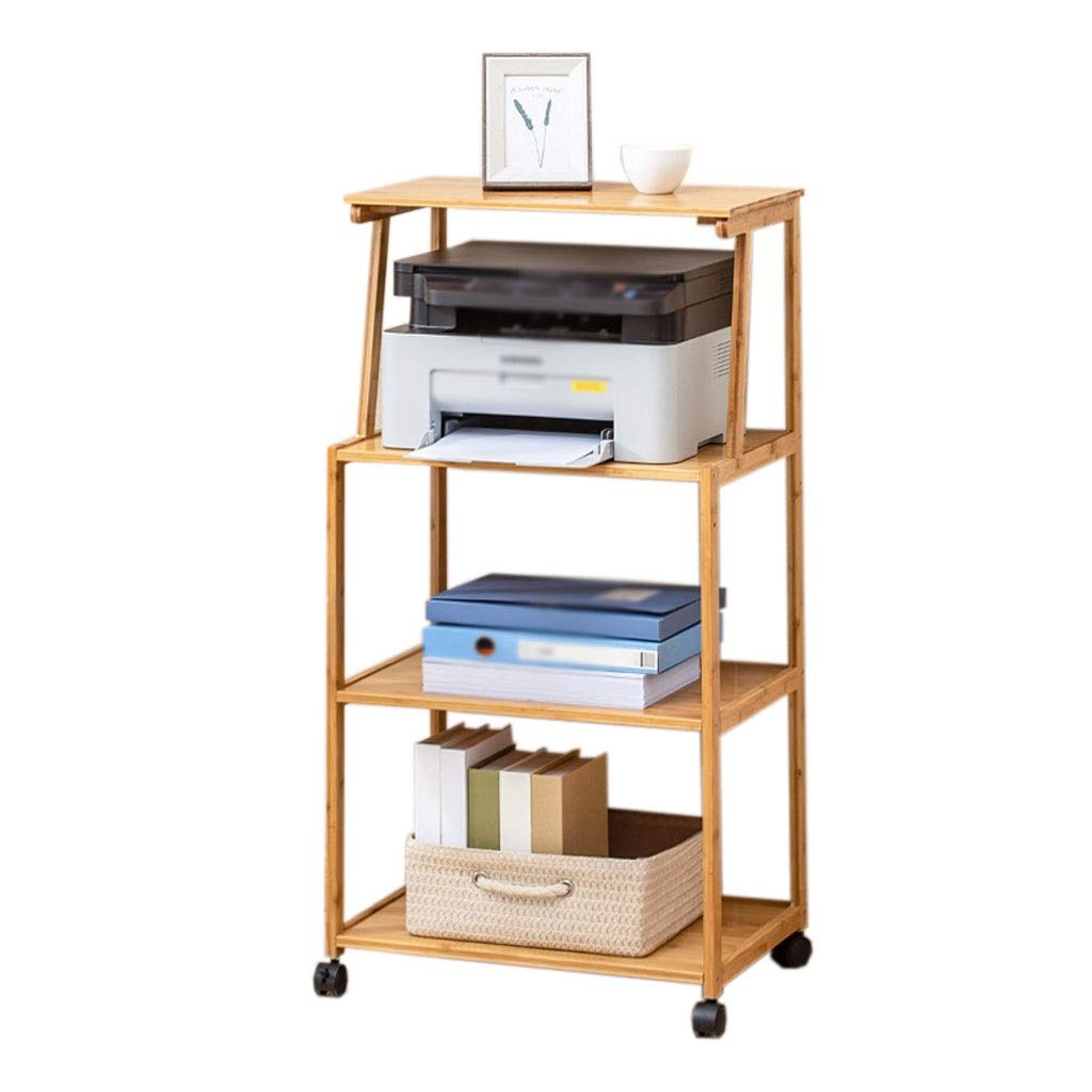 Luckxuan Bamboo Printer Stand - 4-Tier Floor Standing Printer Shelf with Wheels, Mobile Copier Stand for Office, Fax Machine & Scanner Organizer - Perfect for Home Office, Small Business & Workspace Organization