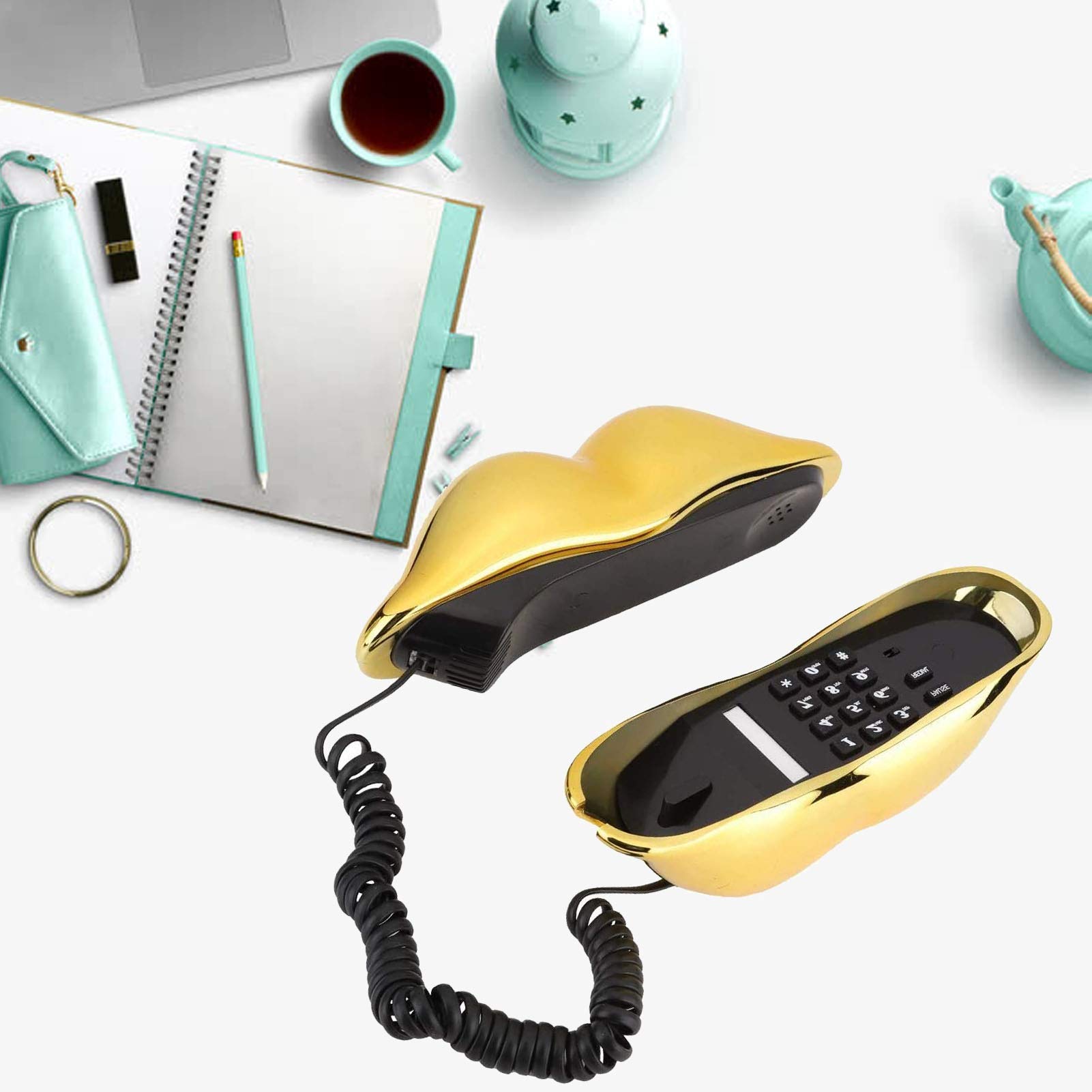 Lip-Shaped Telephone - Advanced Home Phone with Electroplated Gold Design | Unique Lip Telephone for Home Decor & Family Use | Perfect for Living Rooms, Bedrooms & Retro-Themed Spaces