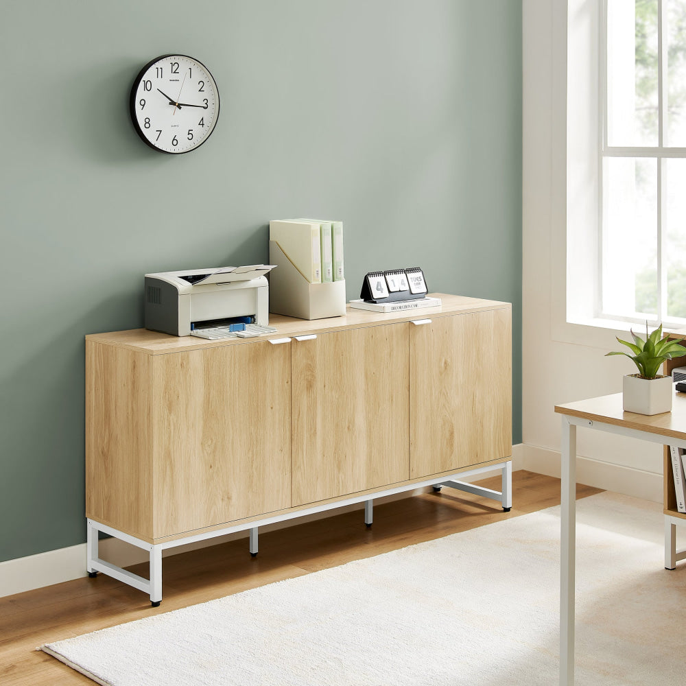Modern 3-Door Office Credenza with Storage Cabinet - Natural Wood Finish for Home & Office Organization | Perfect for Files, Supplies & Workspace Storage