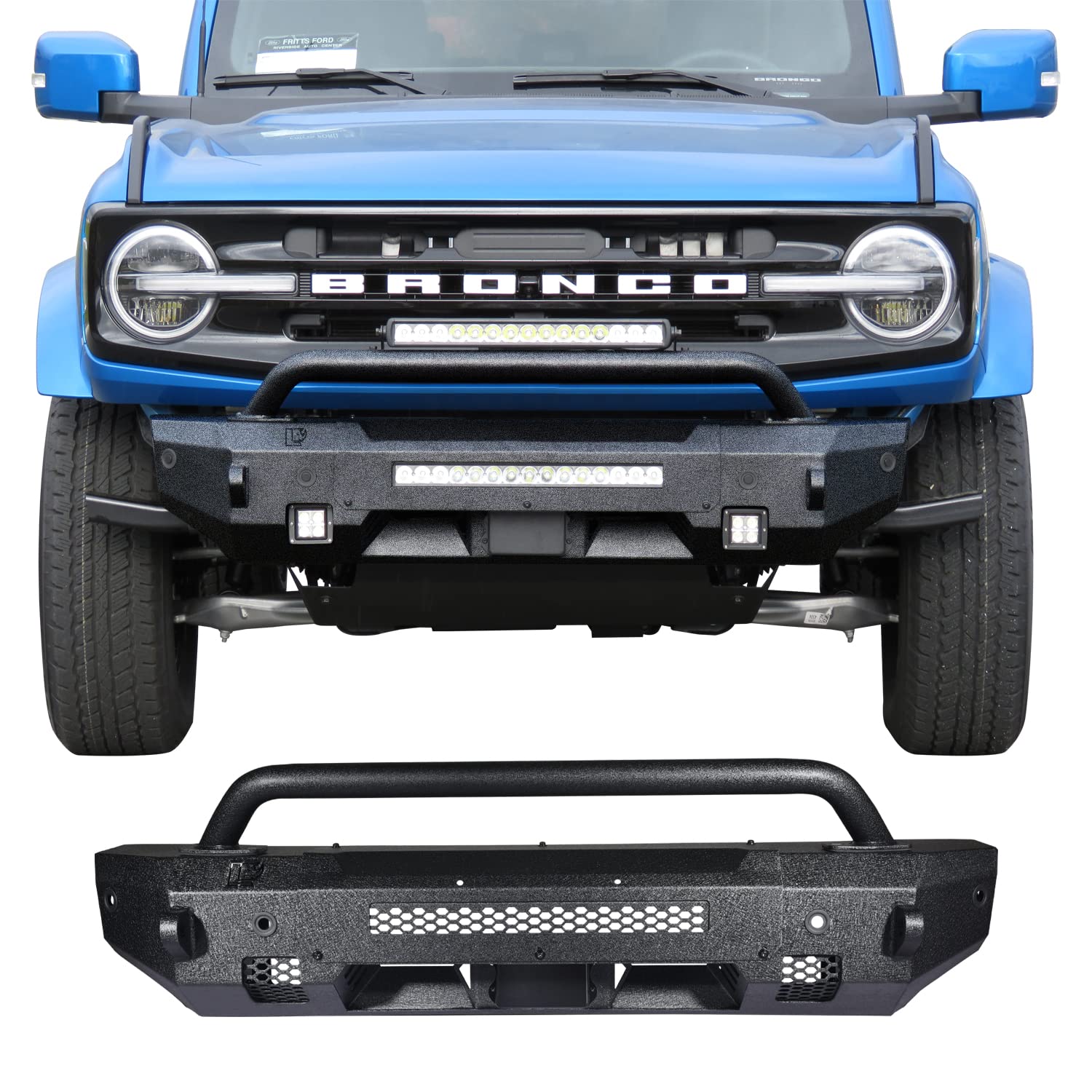 RYNOSKIN Heavy Duty Off-Road Front Bumper for 2021-2024 Ford Bronco | Compatible with OE ACC & Parking Sensors | Textured Black Finish | LED Light Ready | Perfect for Off-Roading & Adventure Driving
