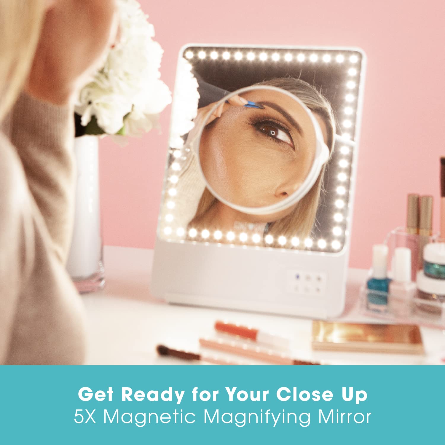 Glamcor Riki Skinny Smart Vanity Mirror with HD LEDs - 5X Magnifying Mirror, Phone Holder & Bluetooth Control - White Makeup Mirror for Professional & Home Use - Perfect for Makeup Application, Skincare & Selfie Lighting