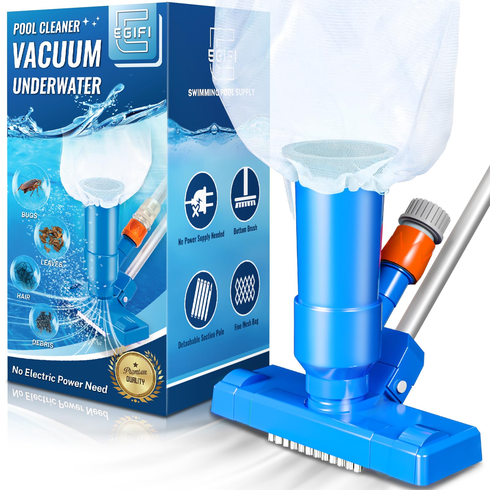 Portable Above Ground Pool Vacuum Cleaner with 3 Scrub Brushes, Mesh Bag & 47