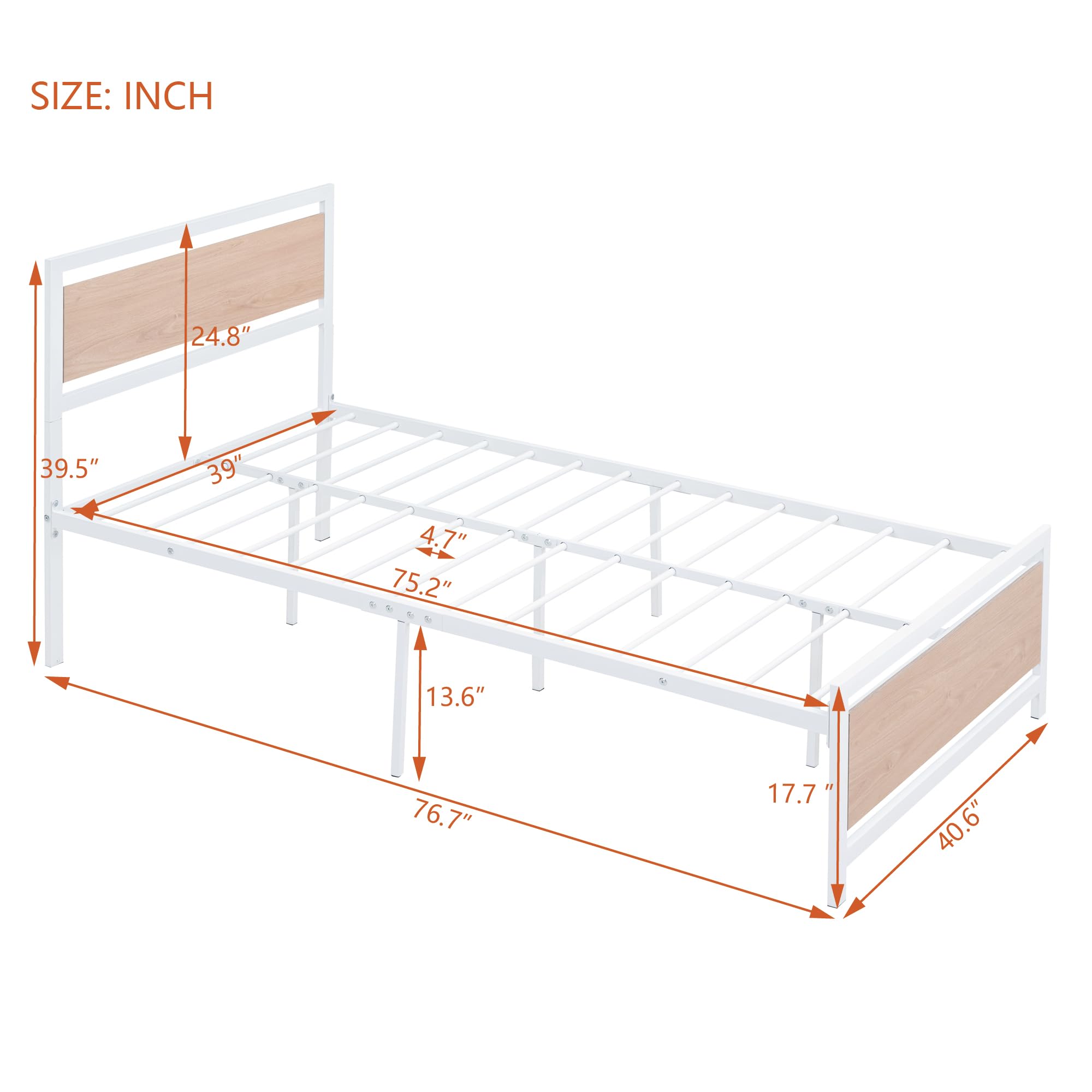 Polibi Twin Size Platform Bed Frame - Sturdy Metal & Wood Construction with Headboard & Footboard - No Box Spring Needed - White - Perfect for Kids Rooms, Guest Bedrooms & Small Spaces