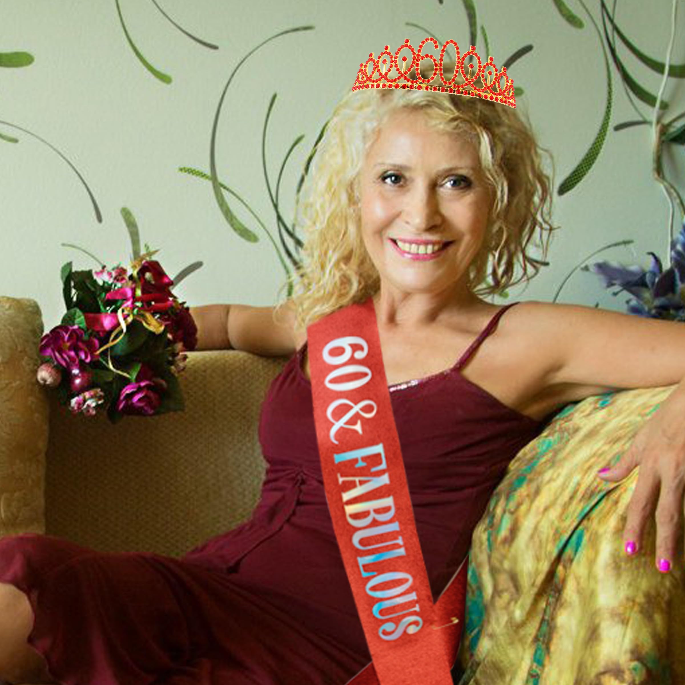 60th Birthday Sash & Tiara Set - Sparkling Red Birthday Crown for Women - 60th Birthday Party Decorations - Perfect for Milestone Celebrations, Birthday Photos & Special Occasions