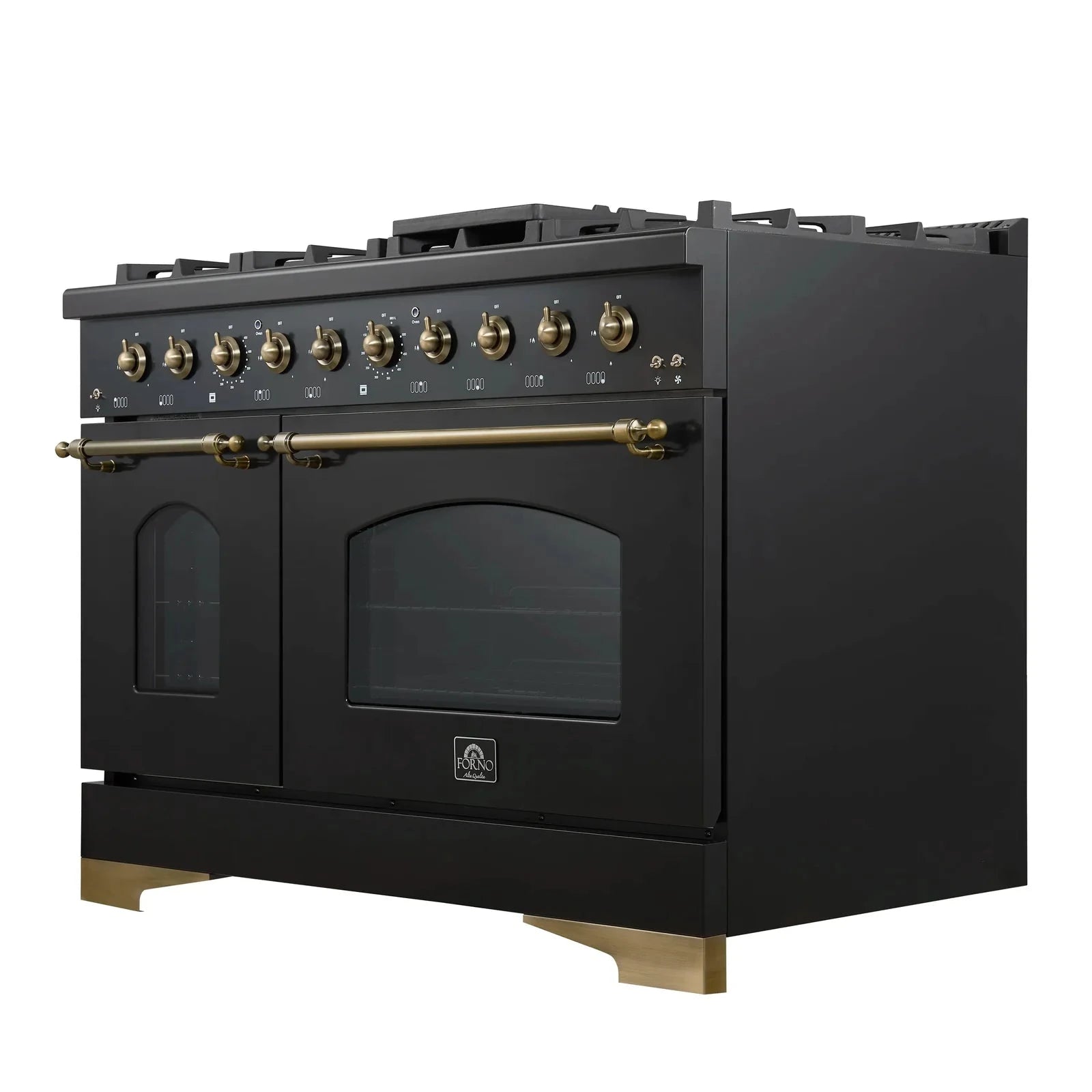 **Forno Antico 48-Inch Dual Fuel Range with 8 Gas Burners & Electric Convection Oven - Black Finish & Antique Brass Trim (Model FFSGS6113 48BLK) - Perfect for Professional Kitchens & Home Chefs**