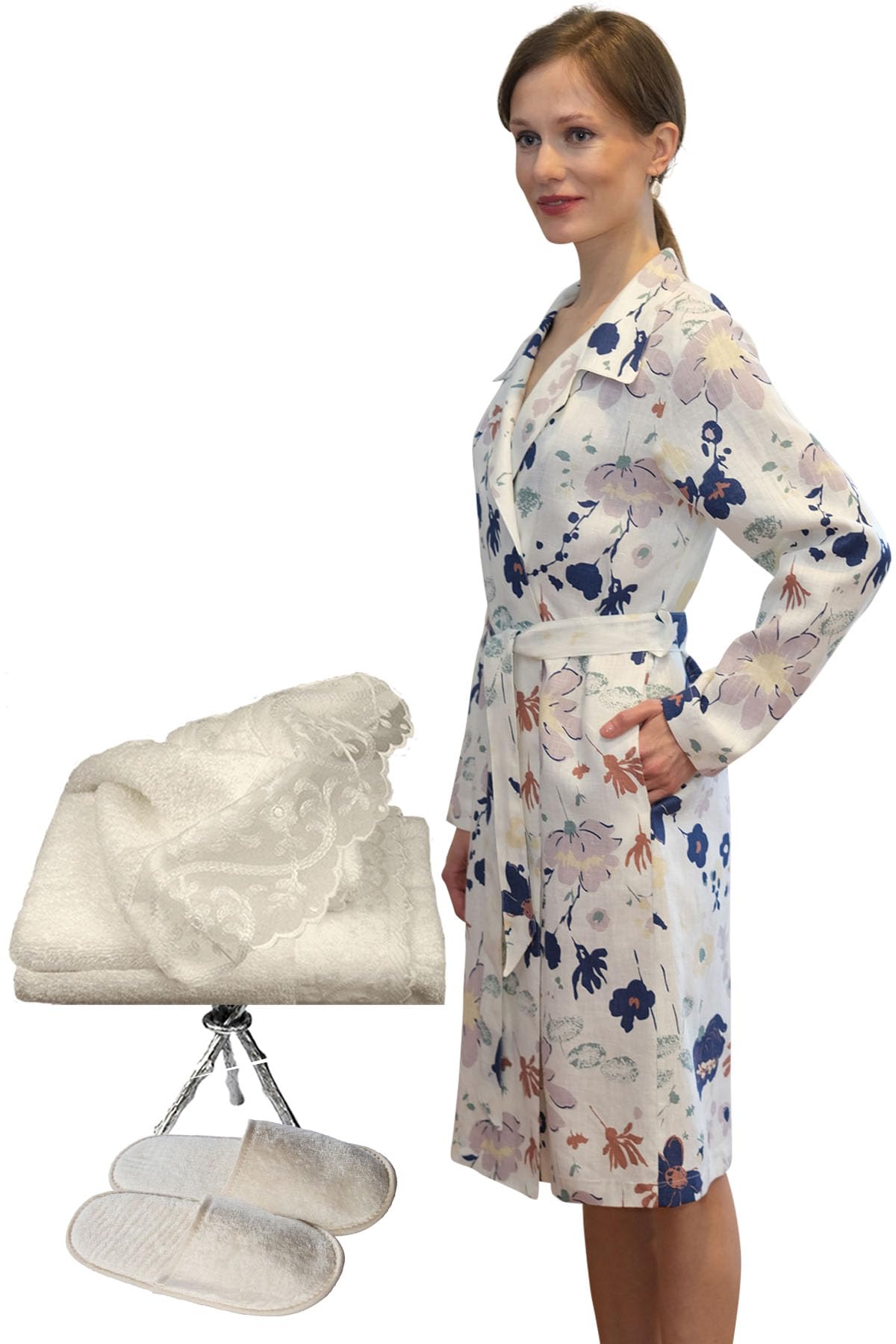 Floral Print Robe with Hand Towel and Slippers Set - Large Size, Champagne Color - Perfect for Spa, Bridal Shower, and Relaxing at Home