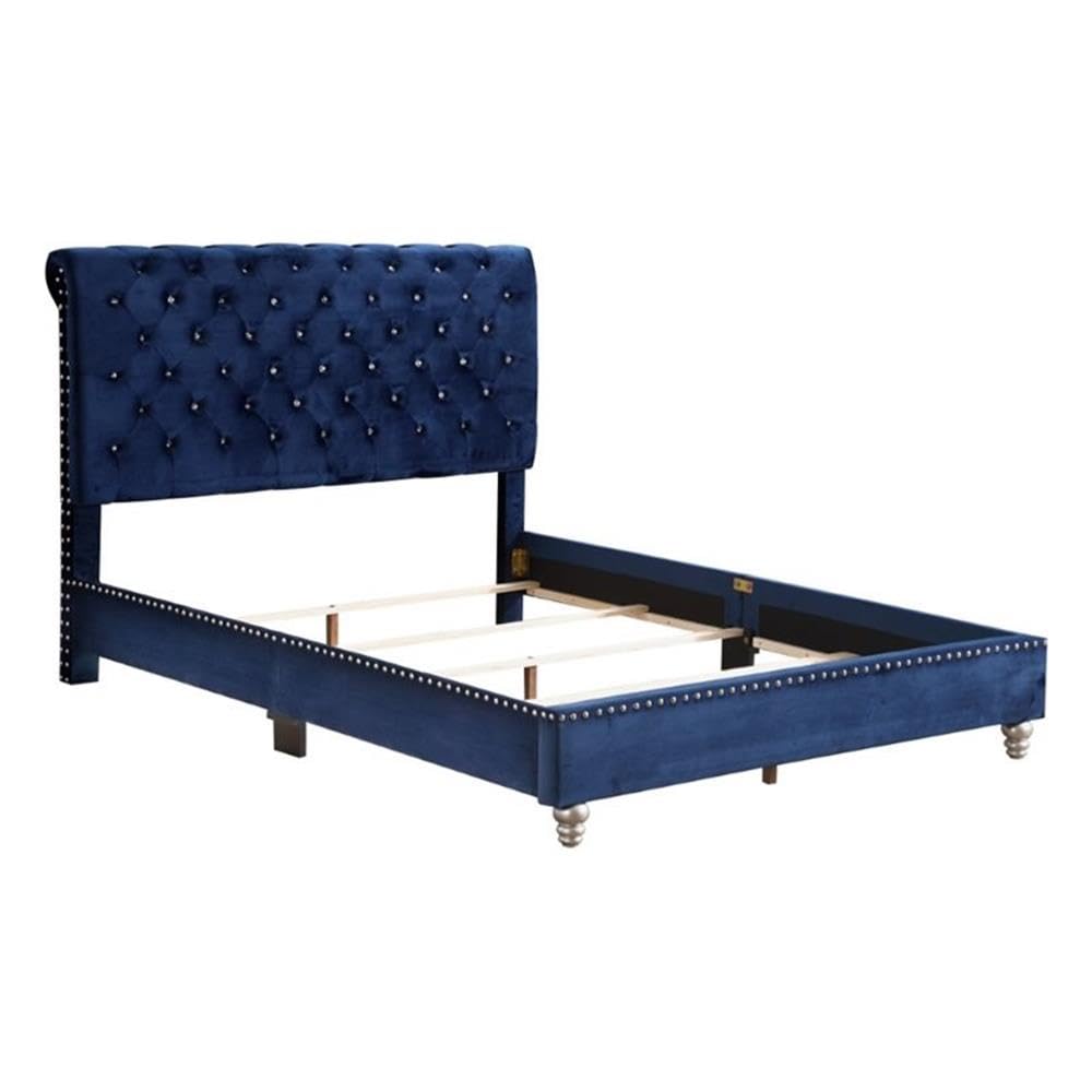 Glory Furniture Maxx Velvet Upholstered Full Size Bed Frame in Navy Blue - Luxurious Bedroom Furniture for Master Bedroom or Guest Room
