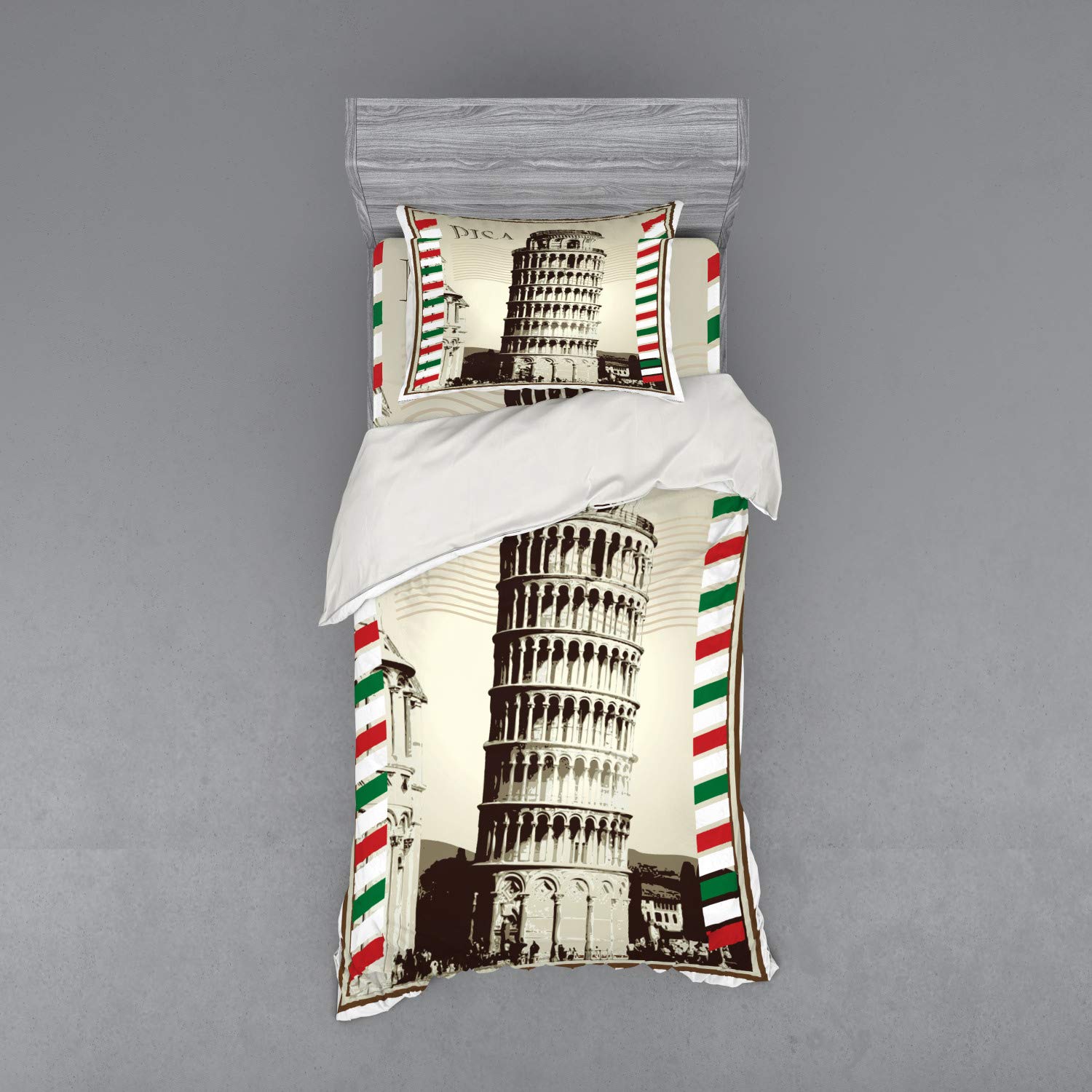Ambesonne Pisa Bedding Set - Vintage Italian Landmark Design in Flag Colors, 3-Piece Duvet Cover Set with Sham & Fitted Sheet, Twin Size, Multicolor | Perfect for Teens, Dorms & Italian-Themed Bedrooms