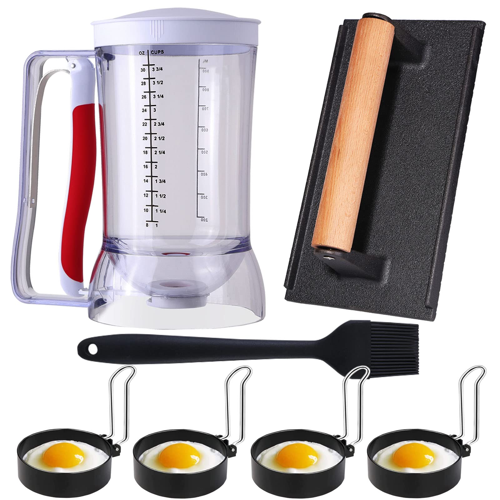 7-Piece Blackstone Griddle Breakfast Kit with Pancake Batter Dispenser, Bacon Press, Egg Rings & Basting Brush - Perfect for Outdoor Cooking, Camping & Backyard BBQs