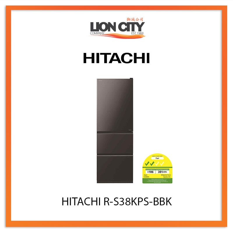 Hitachi 329L 3-Door Refrigerator R-S38KPS BBK - Energy Efficient Stainless Steel Fridge for Modern Kitchen & Family Use