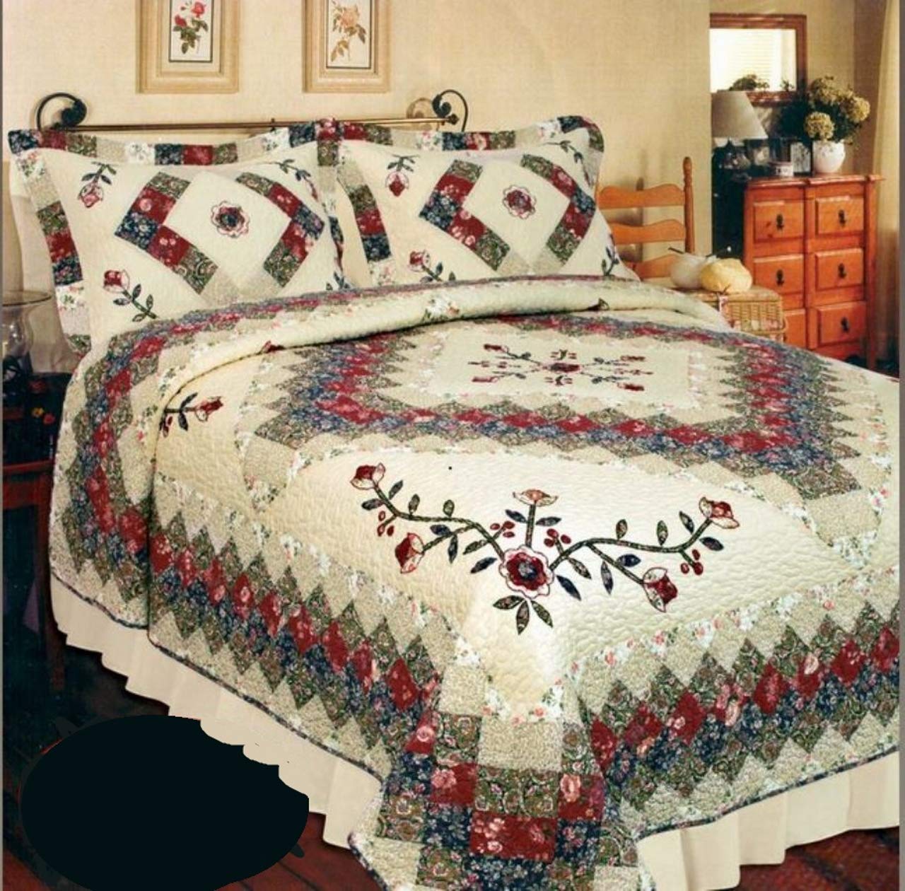 Victorian Treasure 3-Piece King Size Quilt Set - 100% Cotton Patchwork Bedding for Master Bedroom - Luxury Vintage Style Comforter Cover with Matching Pillow Shams