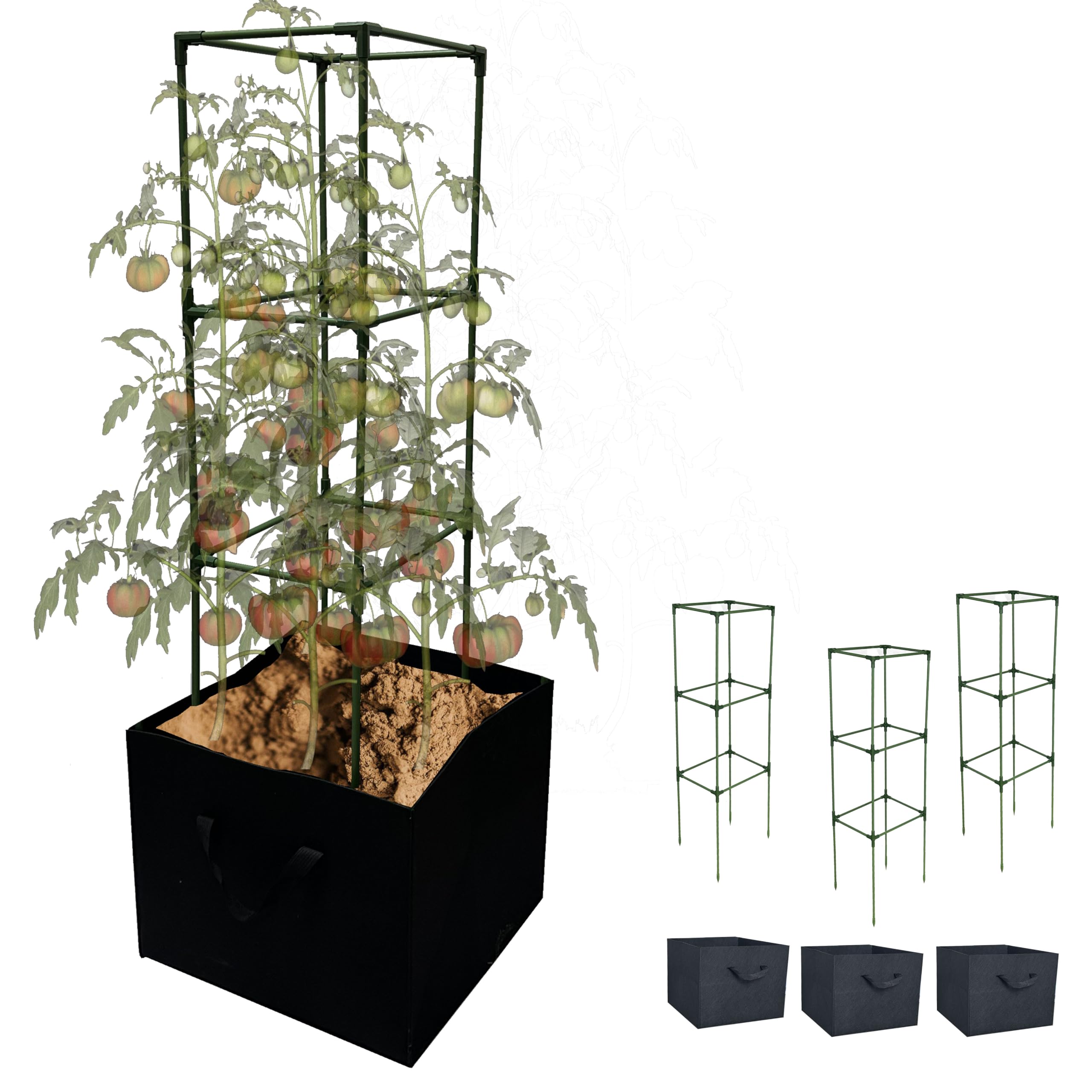 3 Pack 48 Inch Heavy Duty Tomato Cages with Grow Bags - Sturdy Plant Support for Tomatoes, Peppers & Vines - Perfect for Home Garden, Backyard & Greenhouse Planting