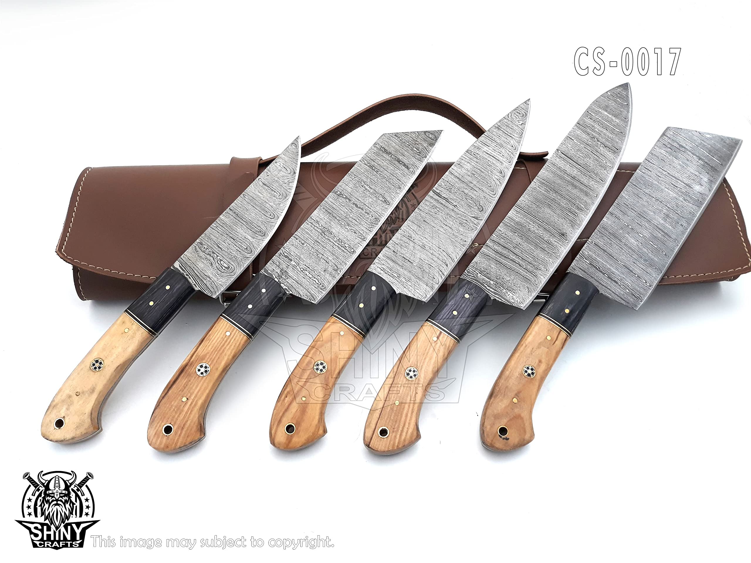Premium Handmade Damascus Steel Kitchen Knife Set with Camel Bone Handle - Razor-Sharp Chef Knives in Leather Pouch Roll (CS-17) - Perfect for Professional Chefs, Home Cooking & Culinary Gifts