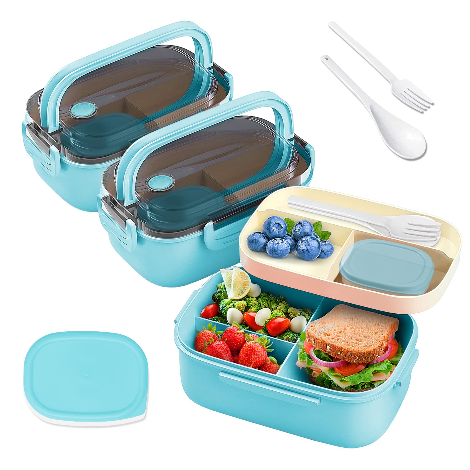 Kids Bento Box Kit - 1.3ML Leak-Proof Lunch Box with 6 Compartments, Sauce Container & Cutlery Set | Bento-Style Tray & Carrying Handle | Perfect for School Lunches, Picnics & Office Meals (Blue)