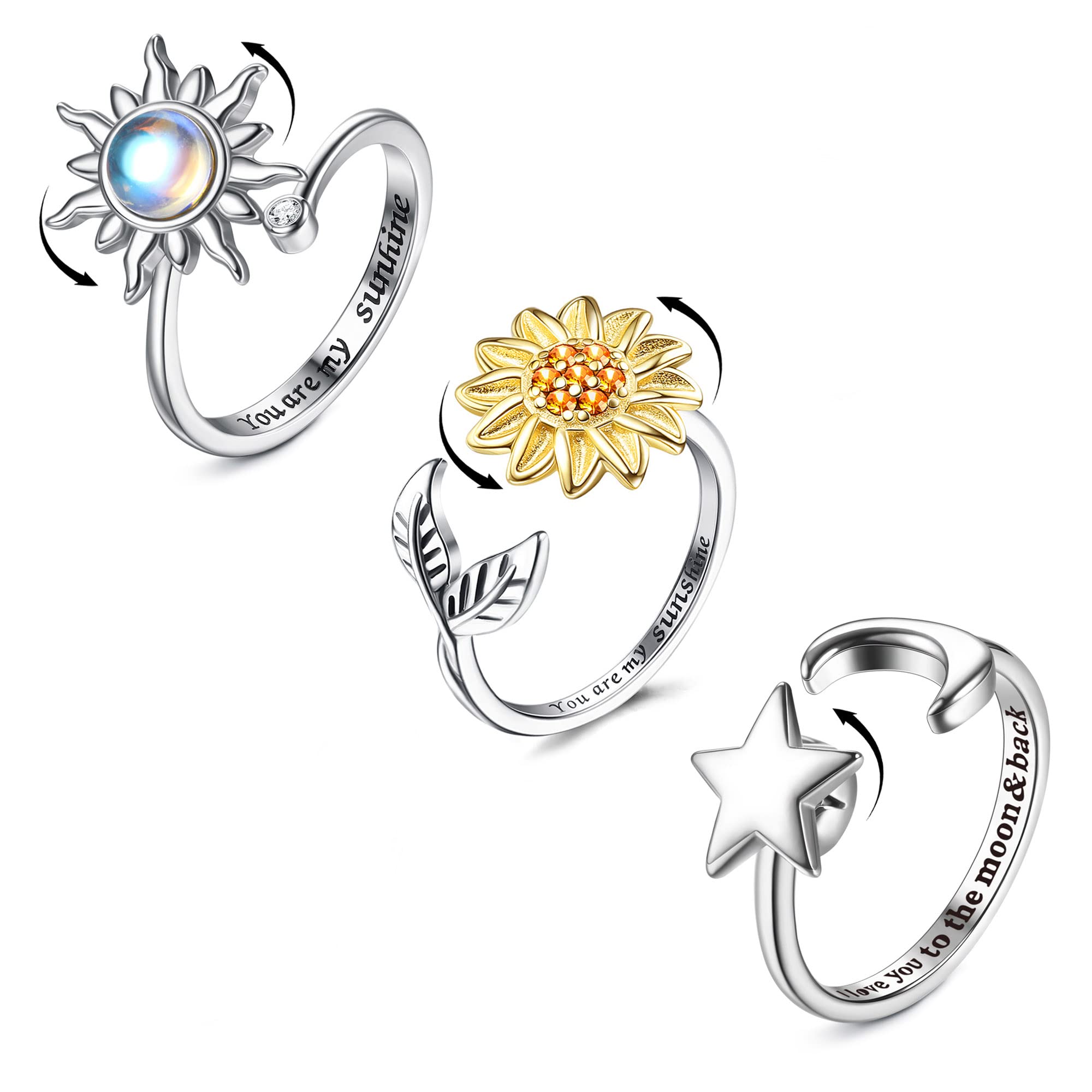 Jstyle Adjustable Spinner Fidget Ring for Women - Sunflower Moon Star Beaded Anxiety Relief Stress Ring | Anti-Anxiety Jewelry Gift for Work, Travel & Daily Wear