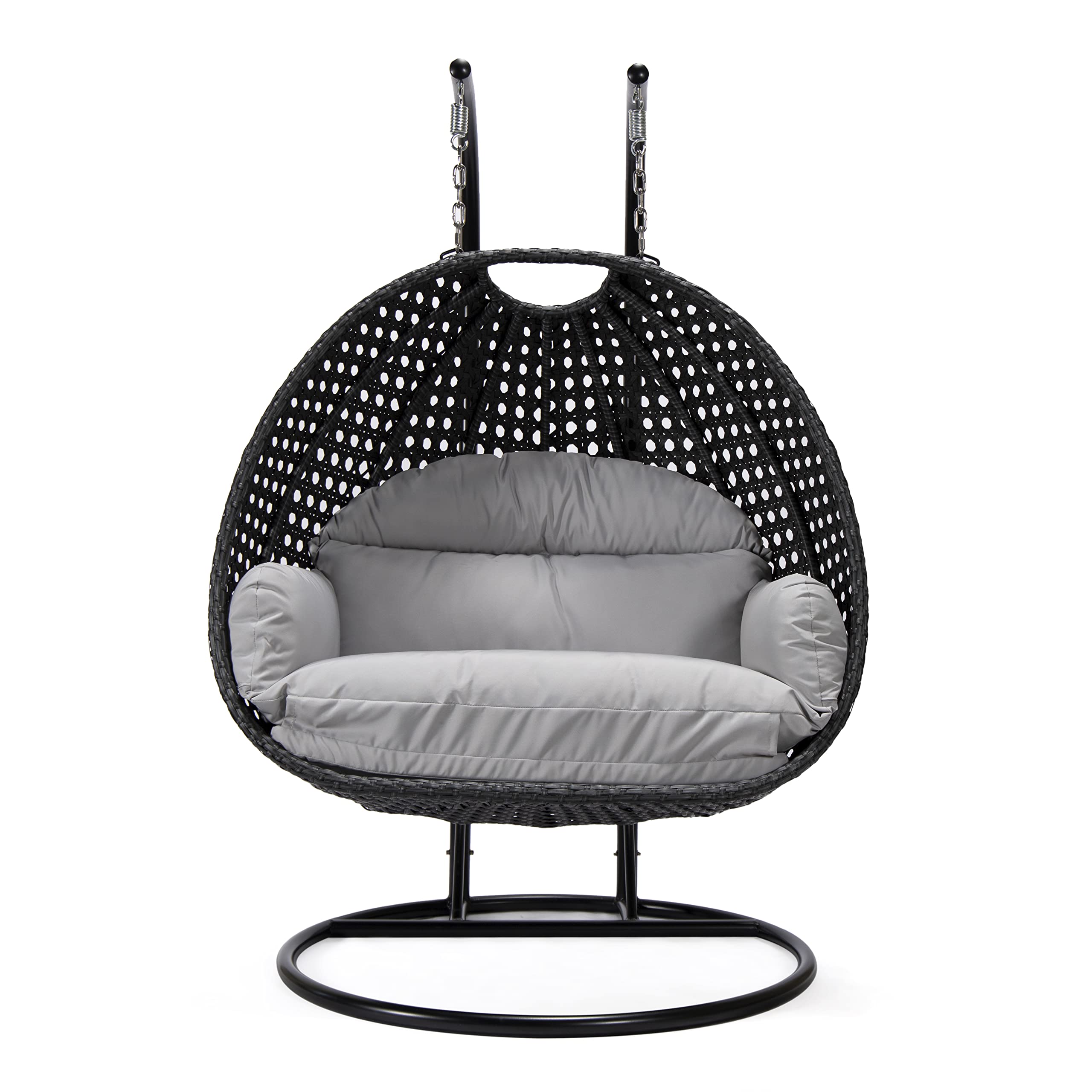 LeisureMod Mendoza Charcoal Wicker 2-Person Patio Hanging Egg Chair with Stand & Cushions - Indoor/Outdoor Swing for Garden, Porch, Backyard - Light Grey - Perfect for Relaxing, Lounging & Reading