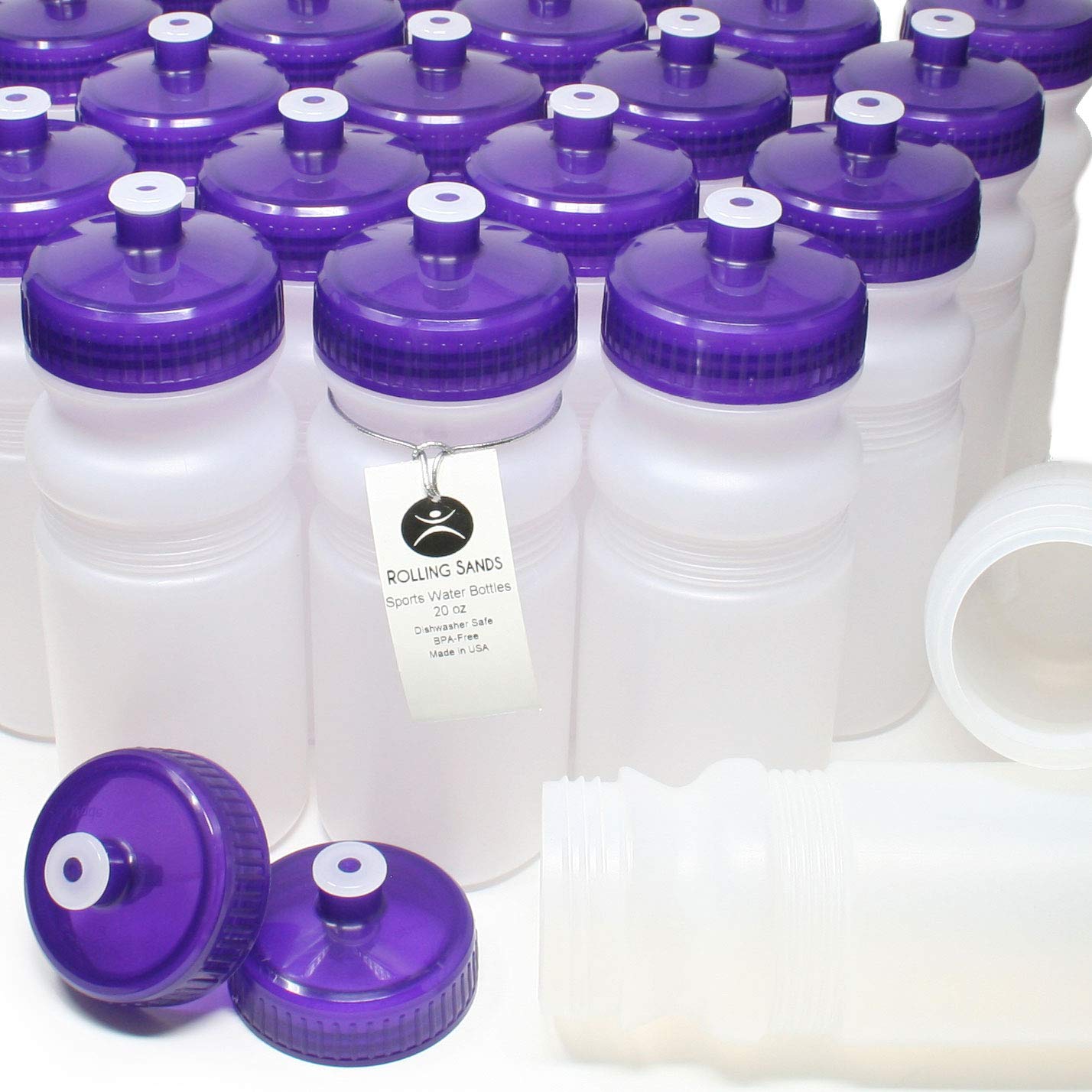 Rolling Sands 20oz Sports Water Bottles - 100 Pack Bulk BPA-Free Plastic Bottles | Made in USA | Dishwasher Safe | Ideal for Gyms, Schools, Offices & Team Events