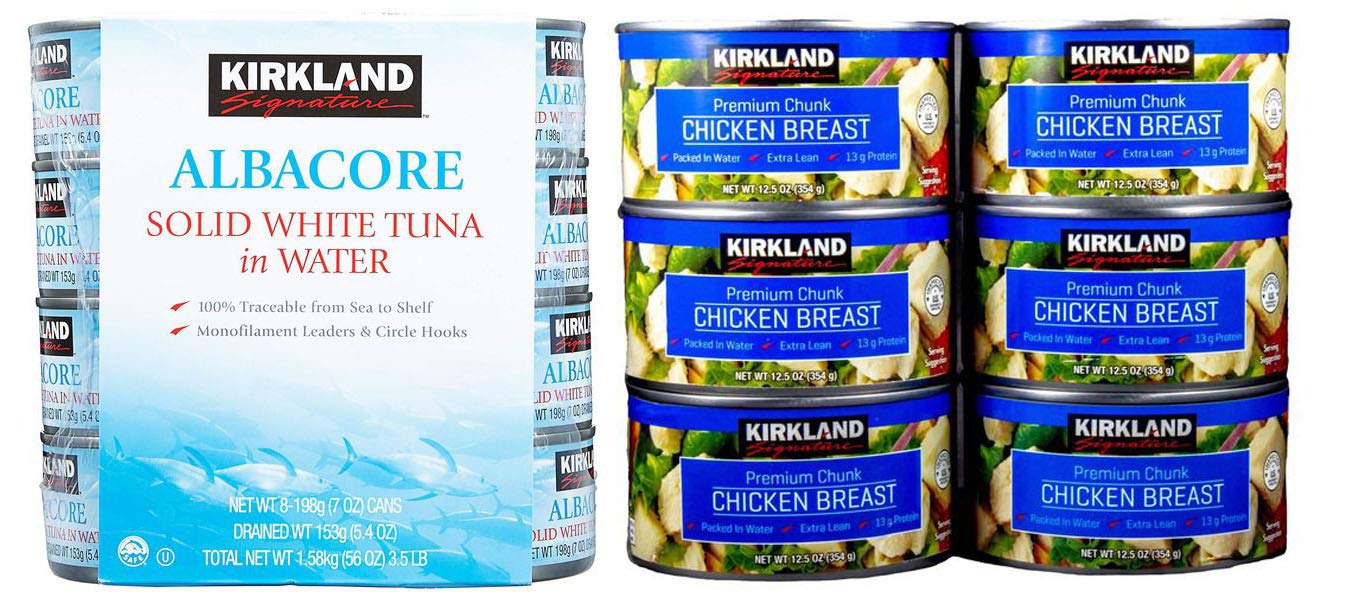 Kirkland Signature Solid White Albacore Tuna & Chicken Breast Cans Bundle - 8 Albacore Tuna Cans + 6 Premium Chunk Chicken Cans | High Protein Pantry Staples for Meal Prep, Emergency Food Supply & Healthy Snacks
