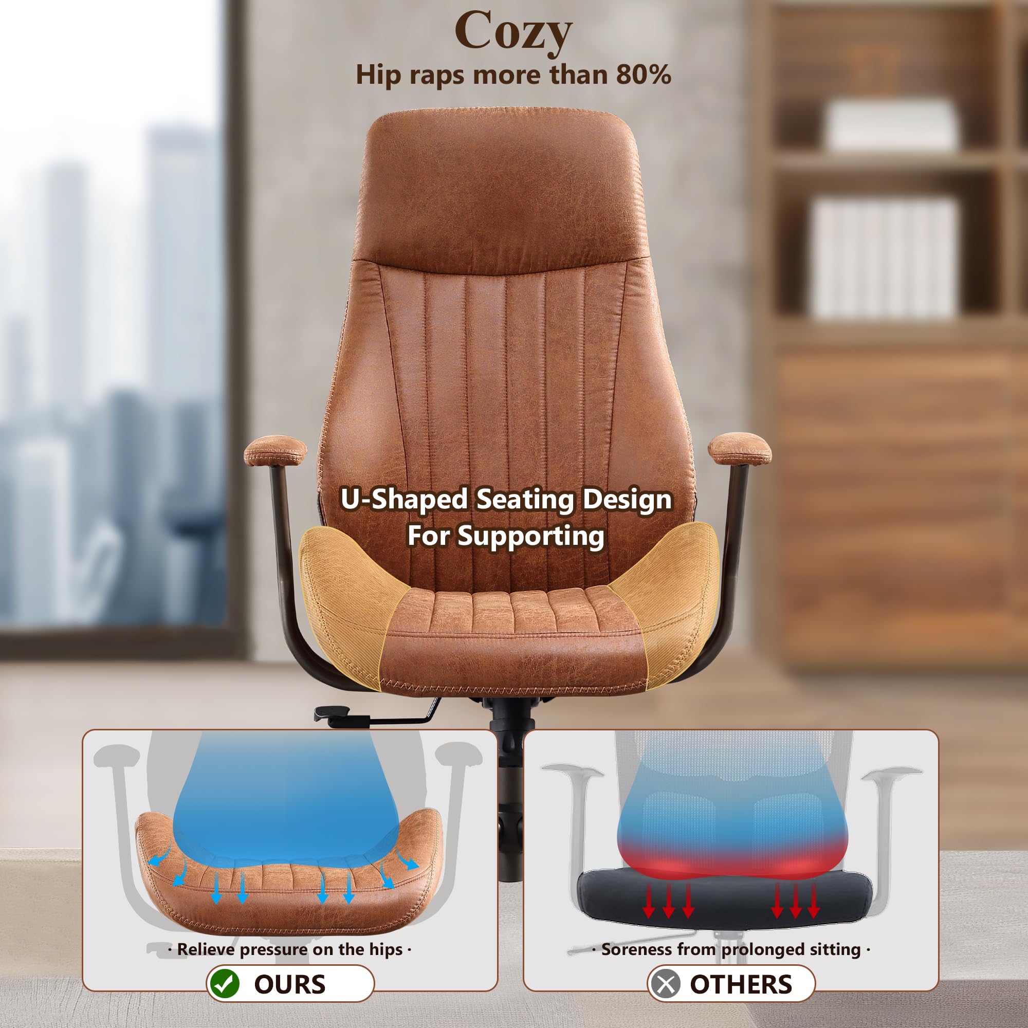 Mid Century Modern Office Chair - High Back Ergonomic Executive Chair with Lumbar Support, Swivel Computer Desk Task Chair with Wheels, Faux Leather Suede Fabric Home Office Chair (Brown) - Perfect for Home Office, Gaming & Workspace Comfort
