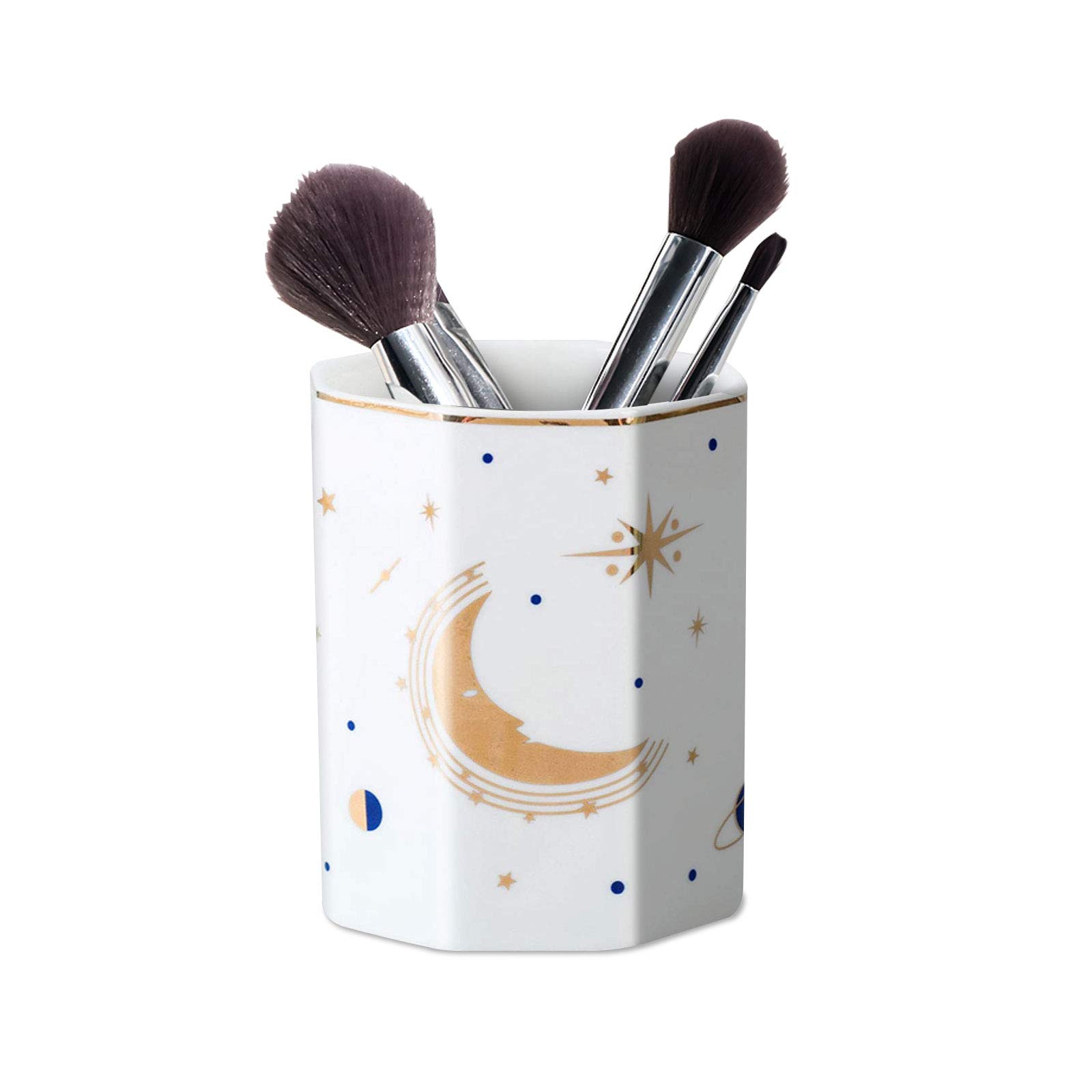 Ceramic Pen Holder for Desk - Moon Pattern Pencil Cup & Makeup Brush Organizer | Stylish Desk Accessory for Office, Home & School Use